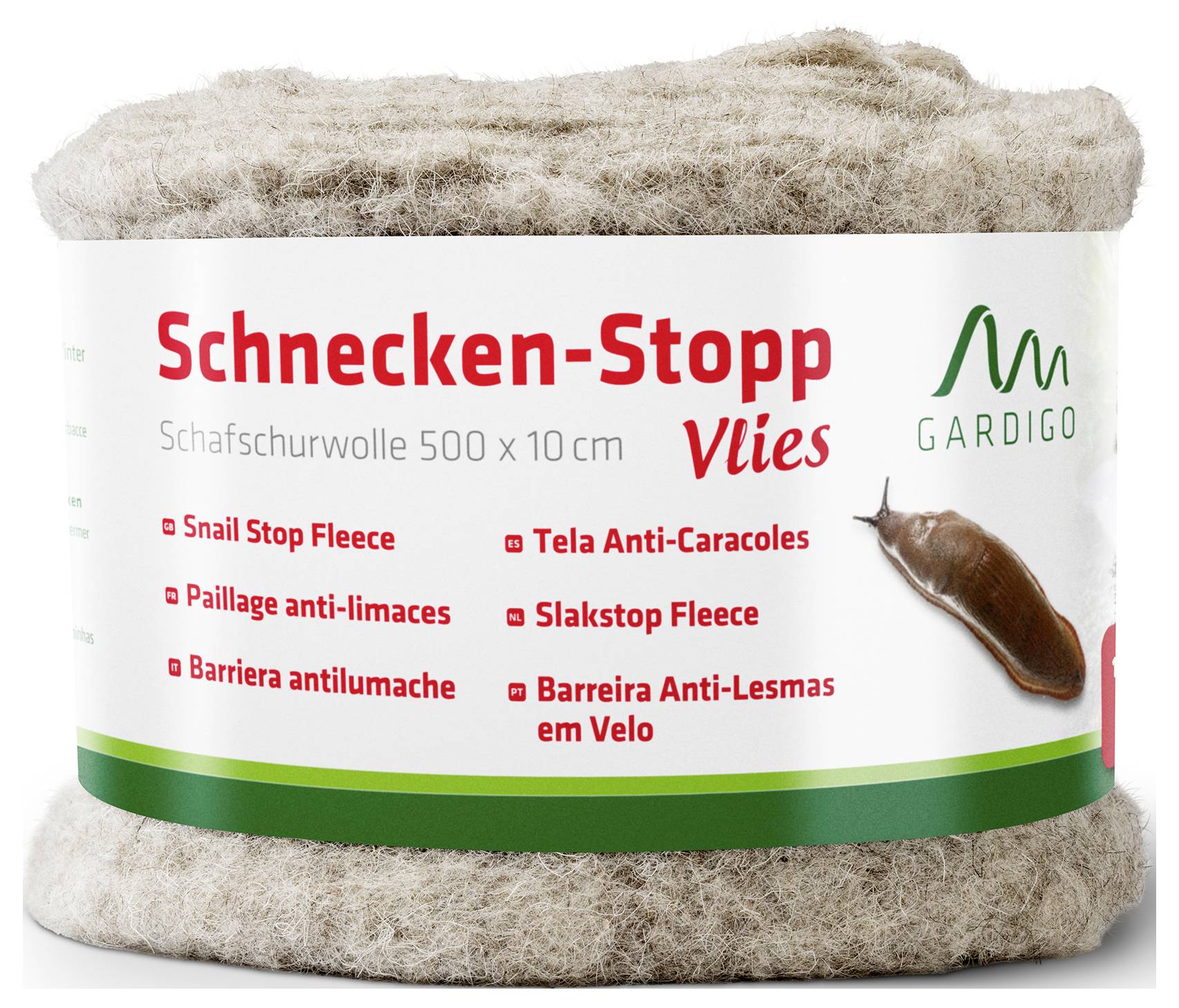 'Slakken-Stop Vacht' van schapenwol, 500 x 10 cm, ter bescherming tegen slakken. Verpakking toont een afbeelding van een slak en gebruikt meertalige etiketten.