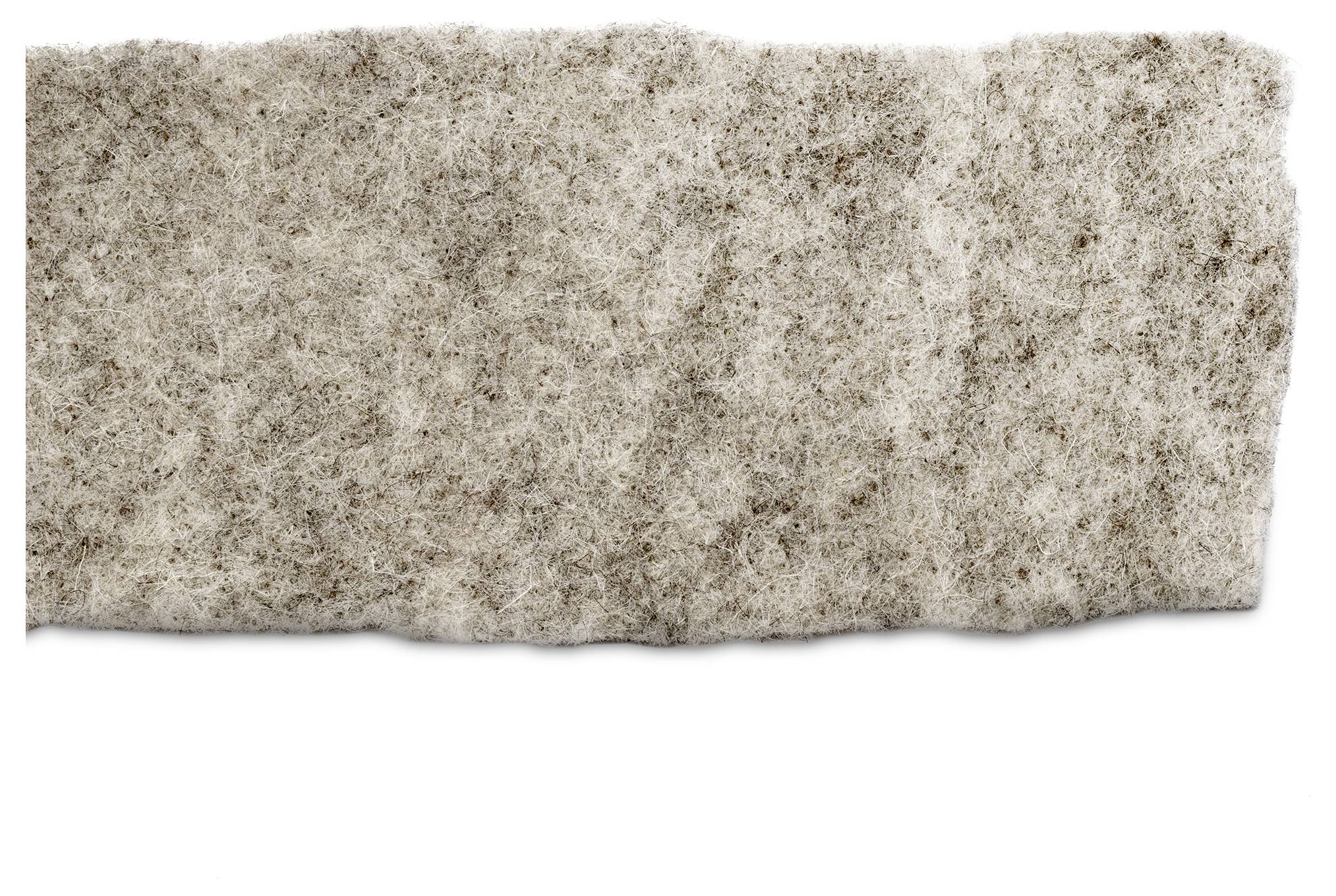 Beige textielstructuur met onregelmatige vezelverspreiding op een witte achtergrond, lijkt op vilt of compact weefsel.