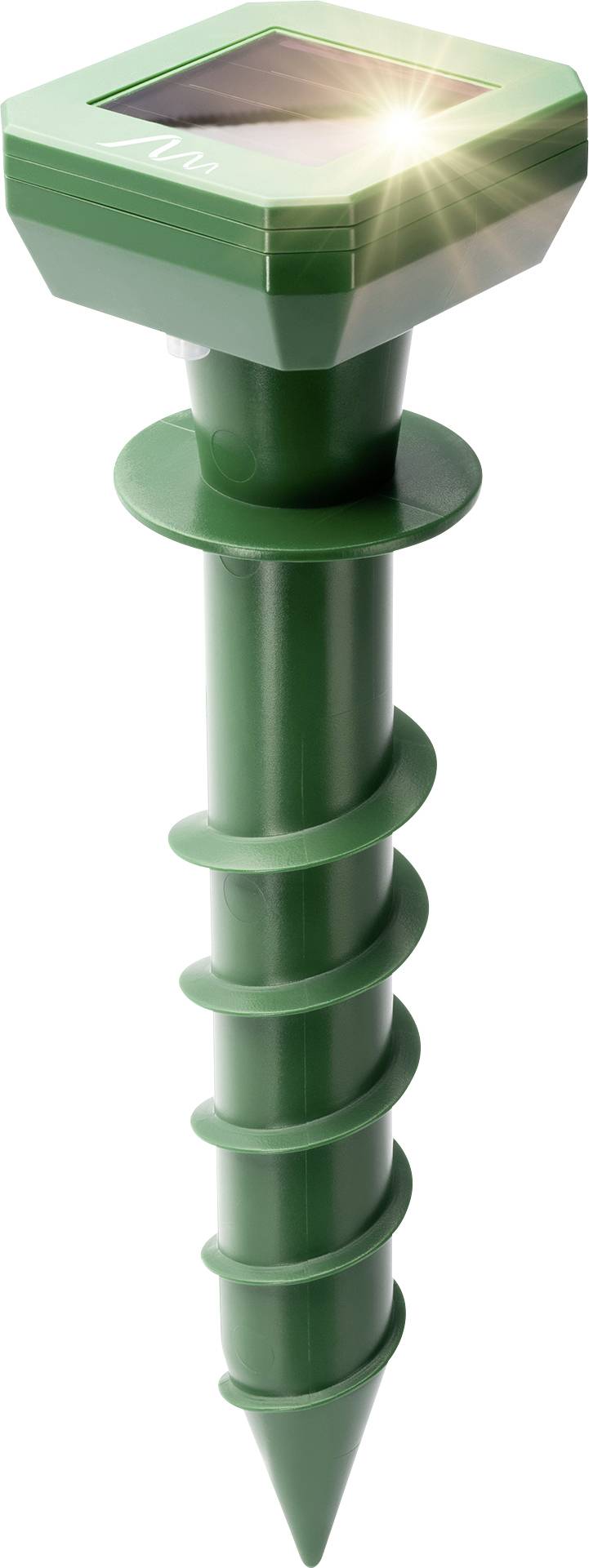 Groene solar tuinlamp met spiraalvormige grondpin en zonne-aangedreven verlichting aan de bovenkant, gebruikt in de tuin voor verlichting.