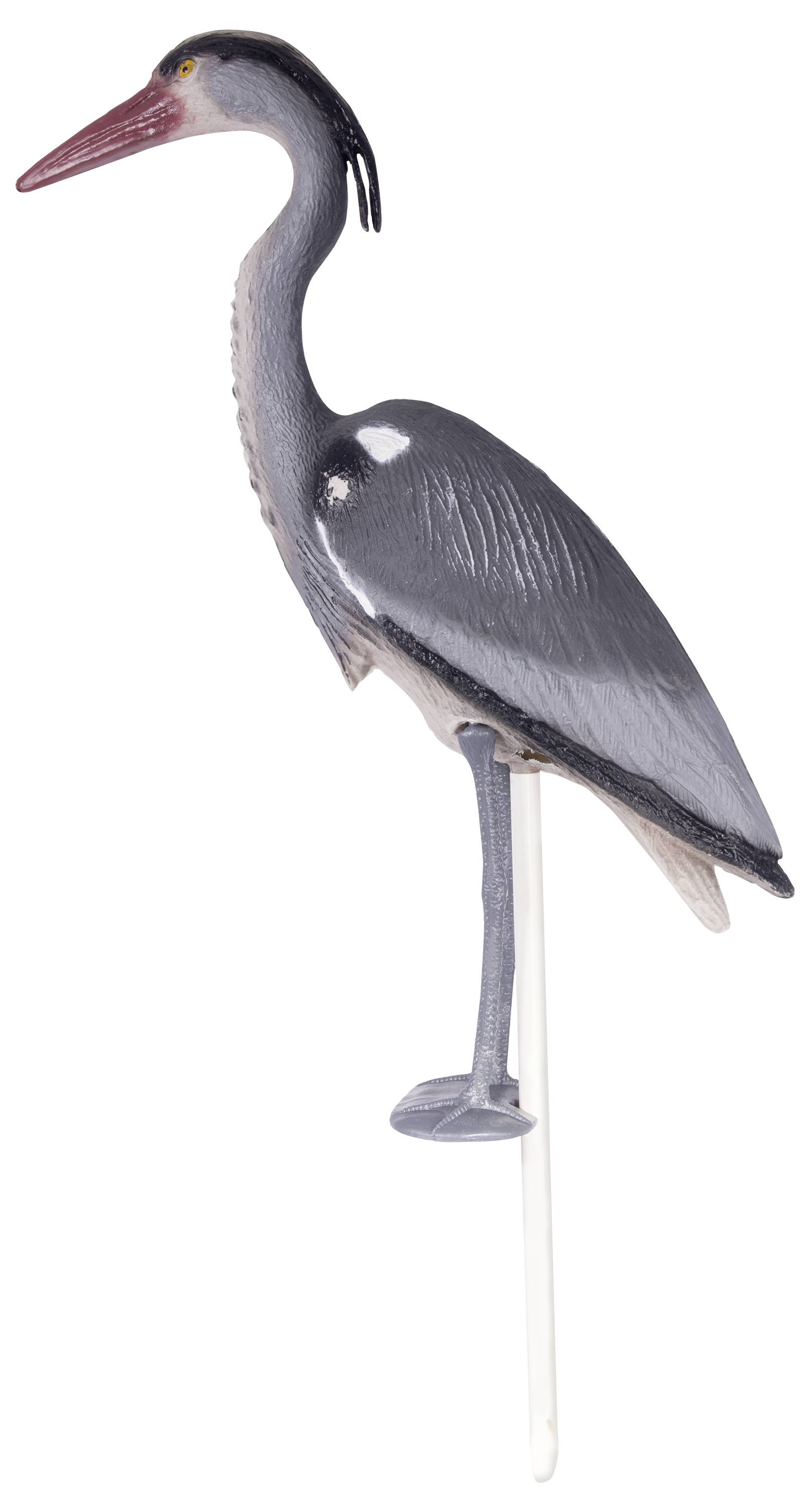 Een realistische plastic figuur van een blauwe reiger met grijs en wit verenkleed en een rode snavel op een witte standaard.