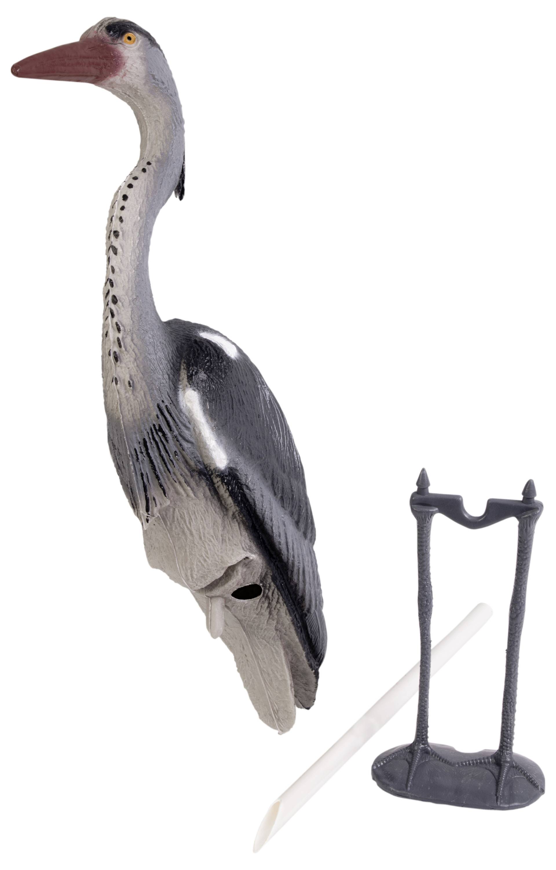 Speelgoedmodel van een staande blauwe reiger met verwijderbare poten en standaard.