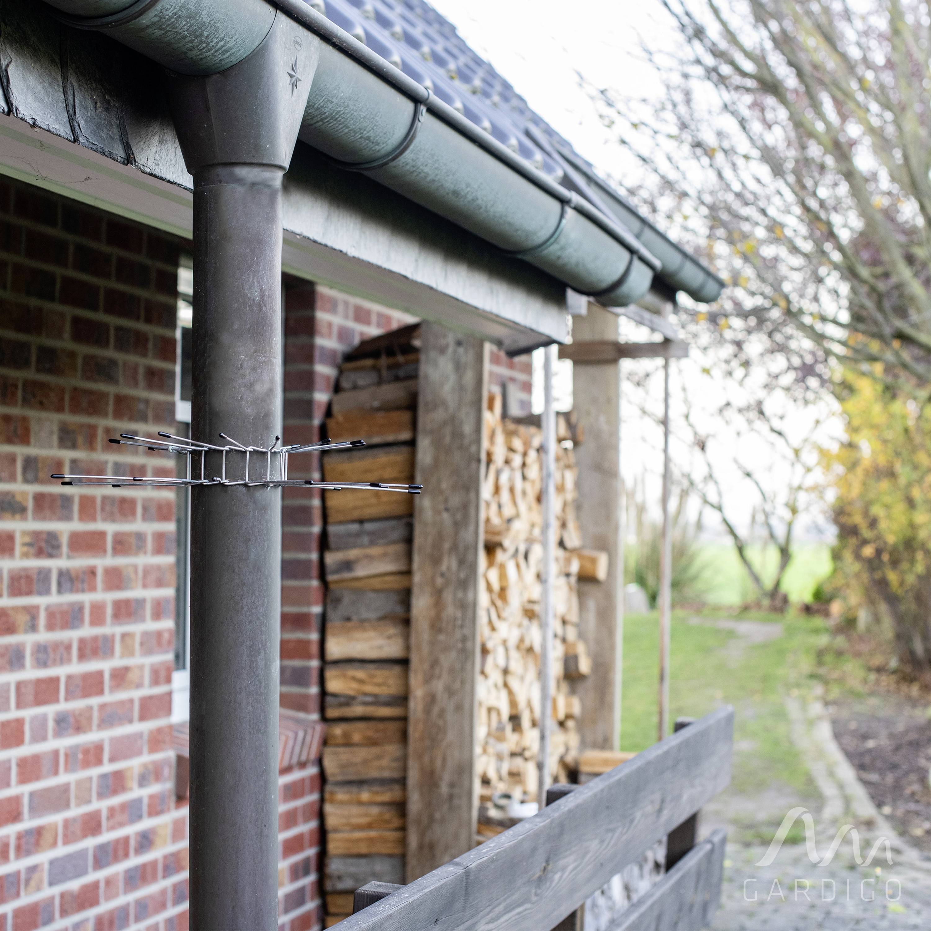 Huis met houtopslagplaats onder golfplaten dak, rode bakstenen muur, omringende tuin, late herfststemming.