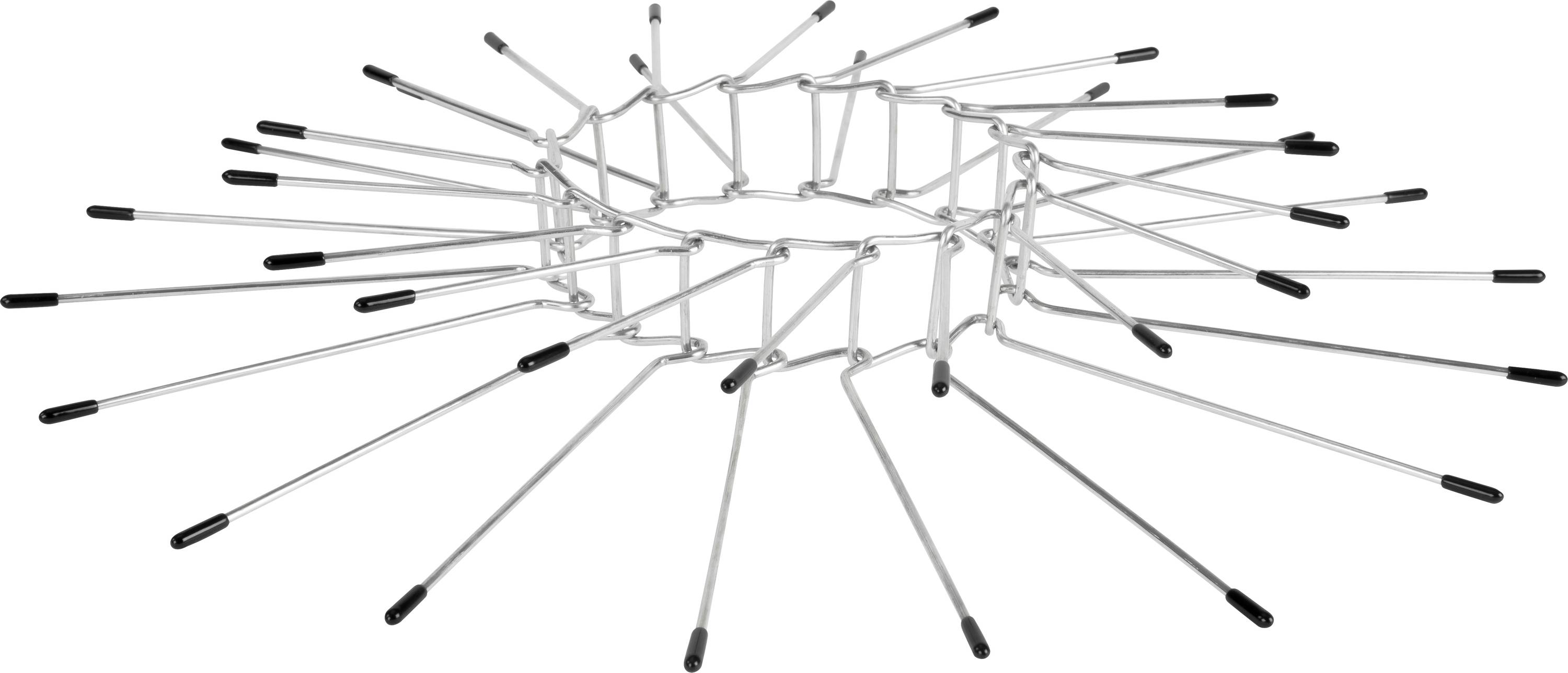 Een decoratieve standaard van metalen staven die radiaal uitstralen vanuit een centrale ring. De uiteinden van de staven zijn voorzien van zwarte doppen.