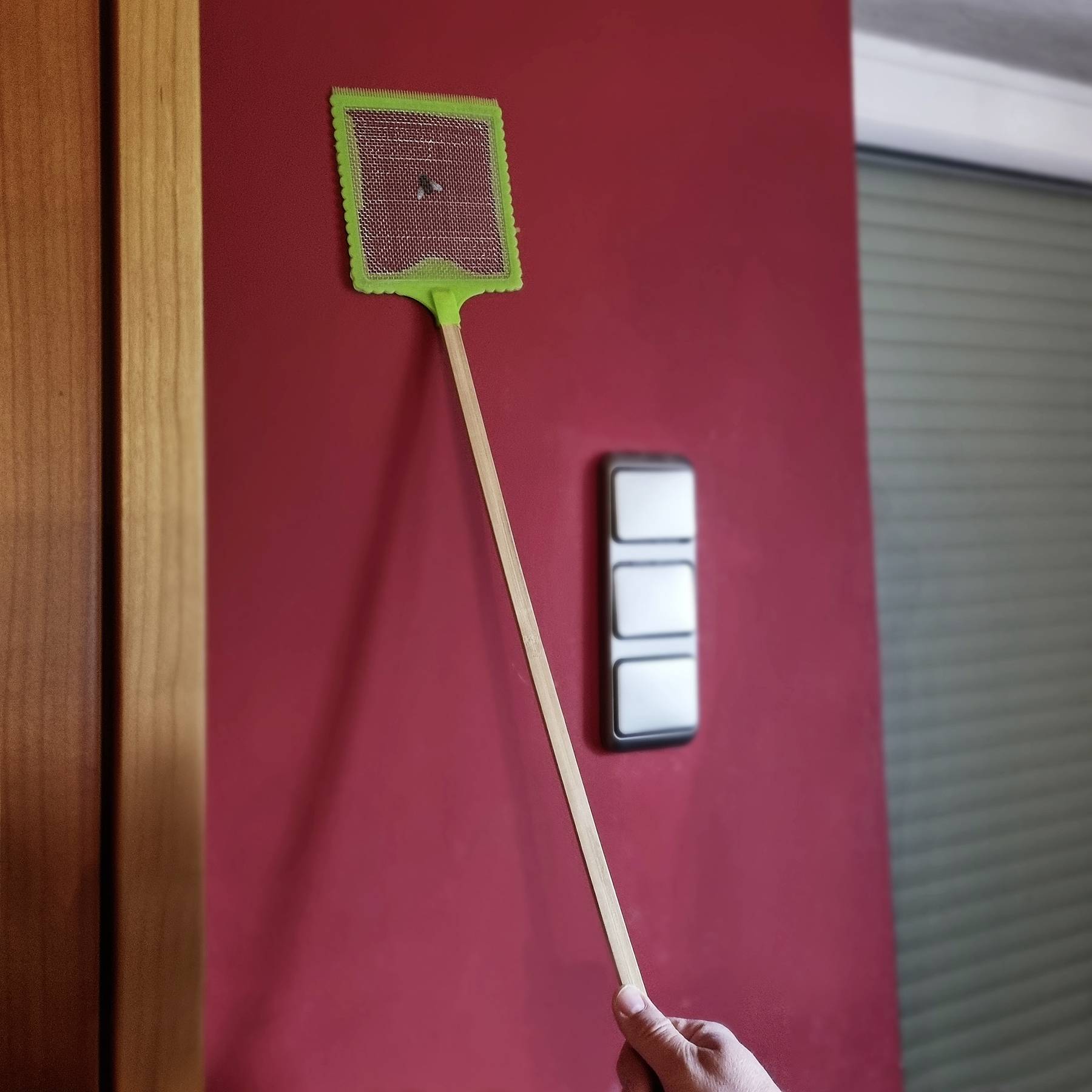 Een hand houdt een groene vliegenmepper vast en richt zich op een vlieg aan een rode muur nabij een lichtschakelaar.