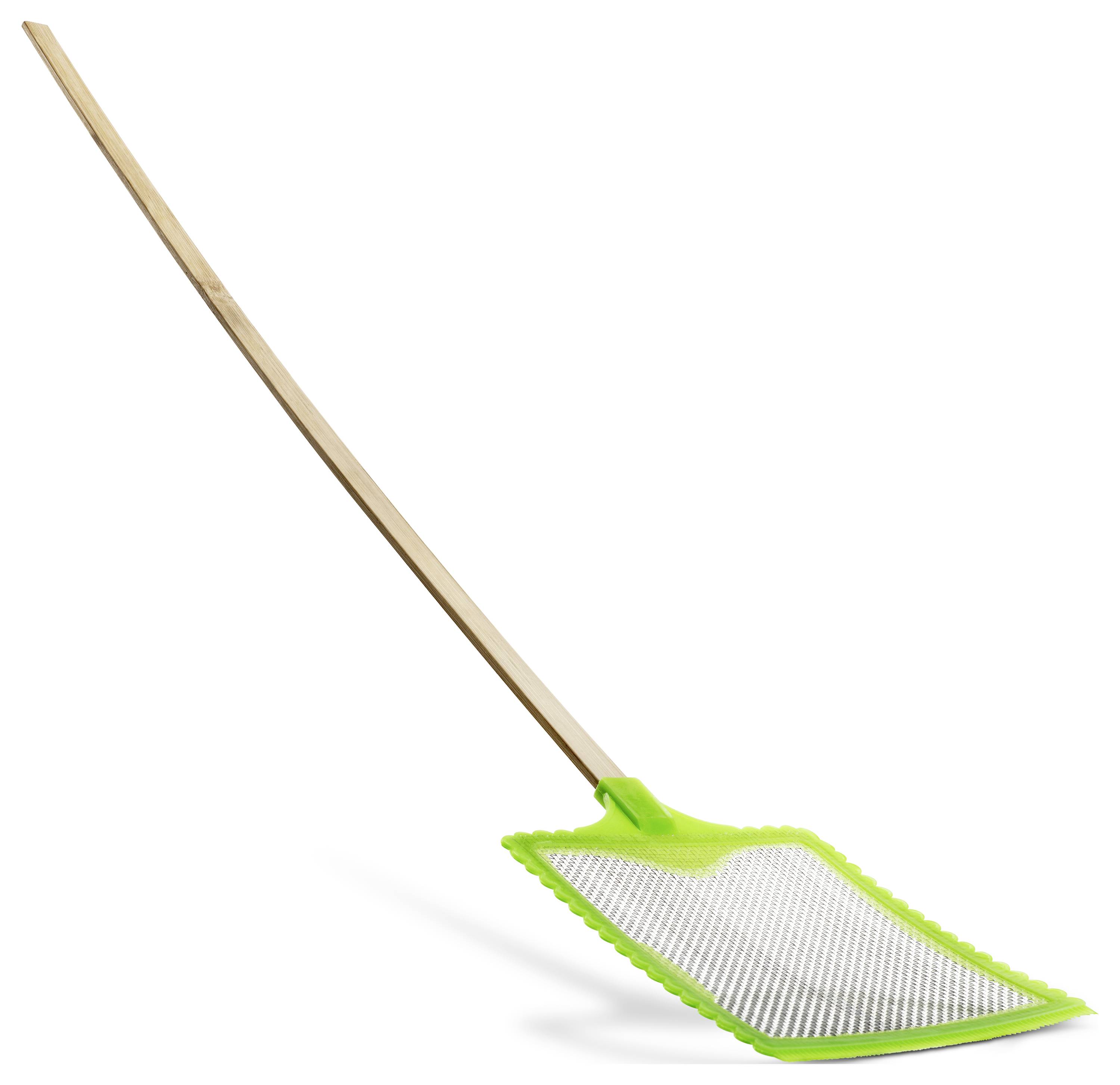 Groene vliegenvanger met een lange houten steel, op een witte achtergrond.