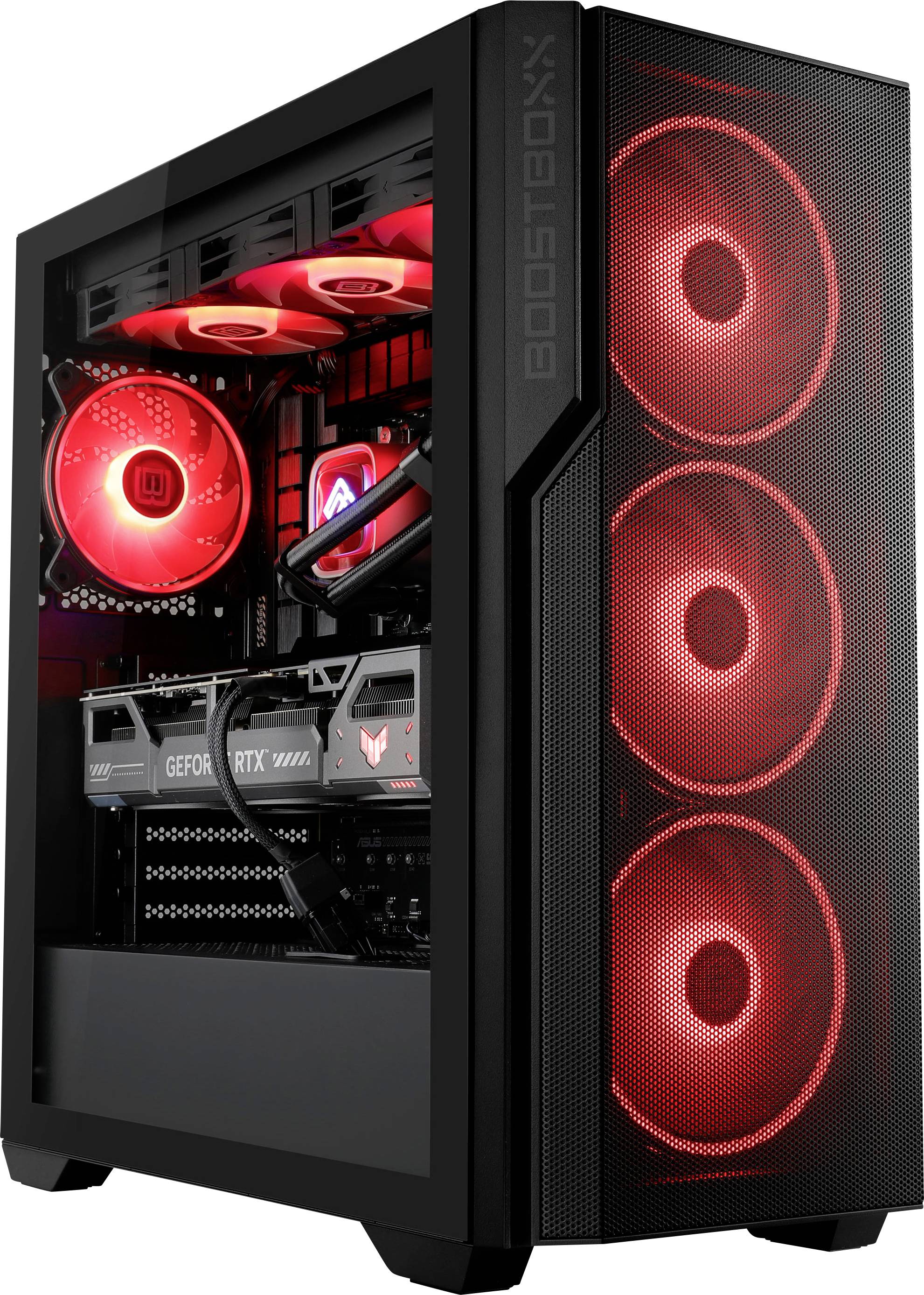 Een zwarte gaming-pc-behuizing met rood oplichtende fans en zichtbare componenten aan de binnenkant, inclusief een GeForce RTX-videokaart.