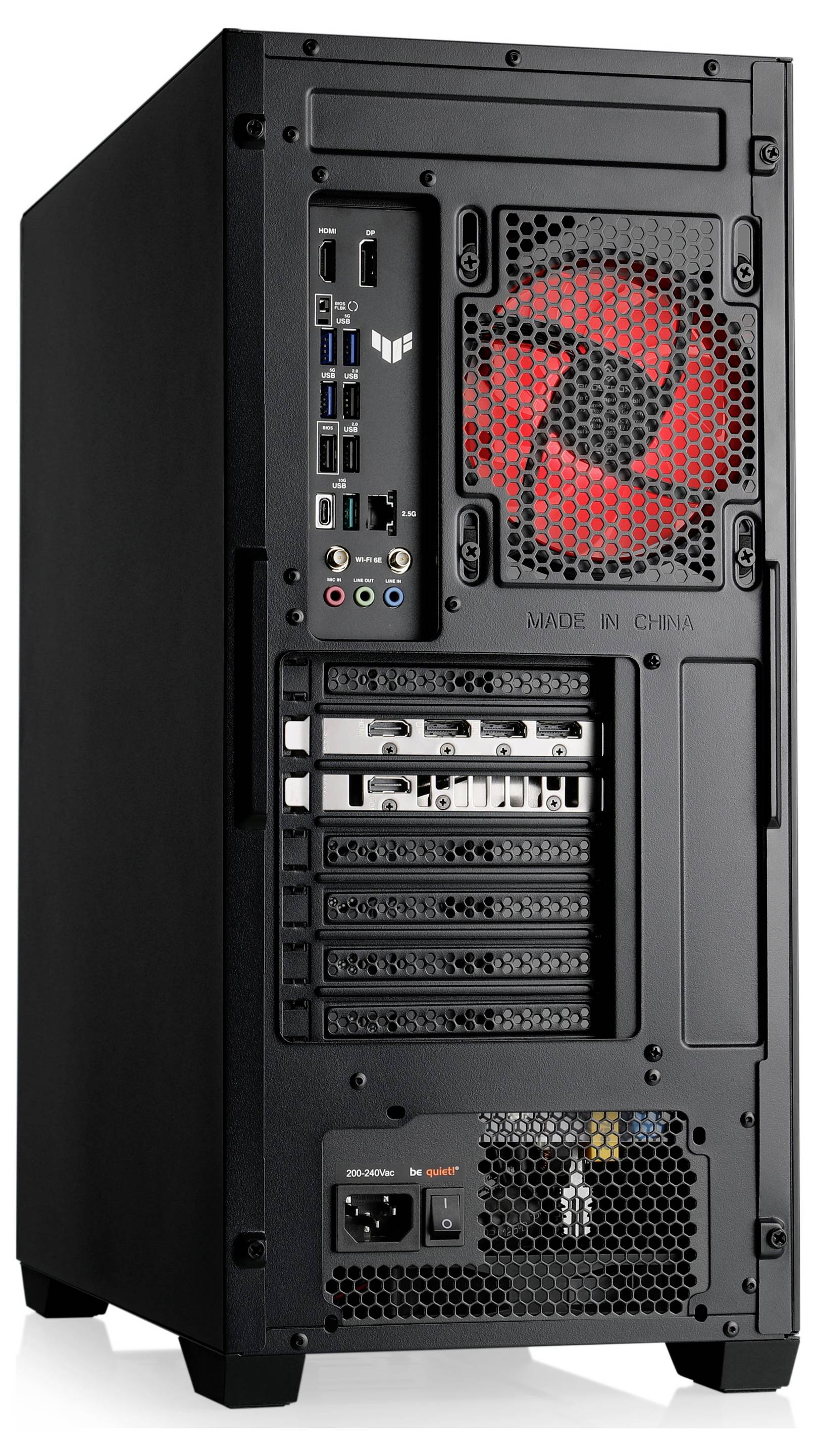 Het achterpaneel van een zwarte desktopcomputer-behuizing toont meerdere poorten, uitbreidingssleuven en een rode koelventilator, wat wijst op geavanceerde connectiviteit.