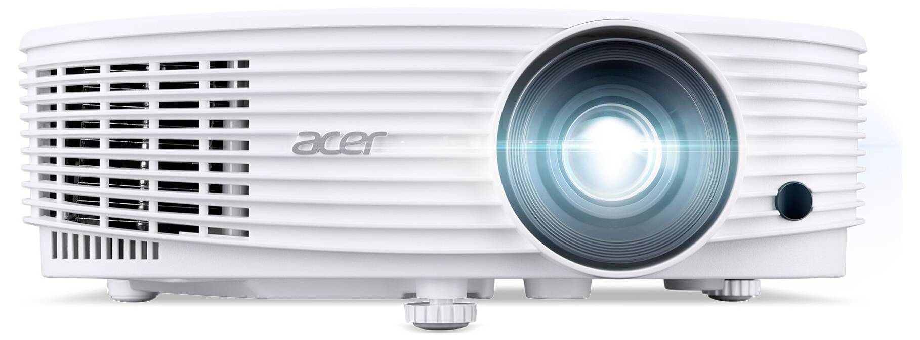 Een witte Acer-projector met een helder objectief zendt licht uit, ontworpen voor presentaties of media-weergave, rustend op een vlak oppervlak.