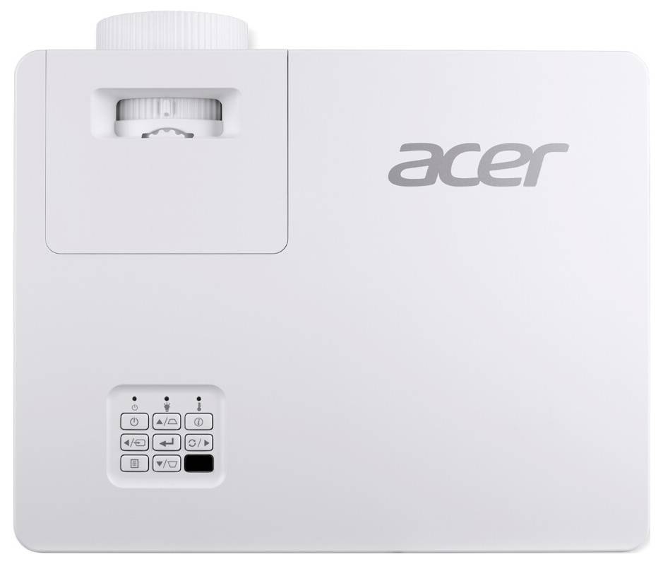 Een witte Acer-projector met bedieningsknoppen en ventilatie, gezien van bovenaf.