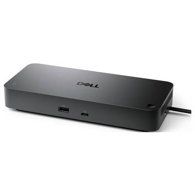 Zwart Dell dockingstation met USB-A en USB-C poorten aan de voorkant en een aangesloten kabel aan de rechterkant.