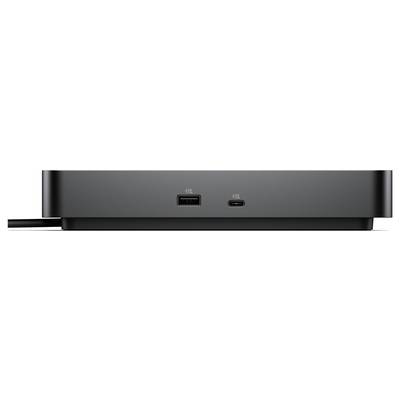 Vooraanzicht van een zwart apparaat met een USB-A-poort en een USB-C-poort op het frontpaneel.