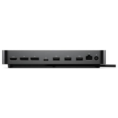Vergroting van een zwart computerdock of hub-frontpaneel met meerdere poorten, waaronder HDMI, USB-A, USB-C, Ethernet en een audio-ingang.