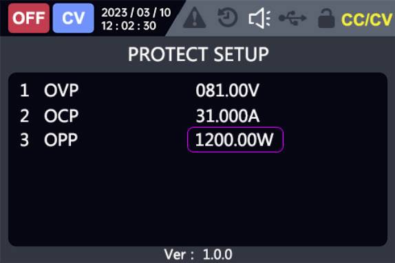 'Protect Setup' scherm toont OVP: 081.00V, OCP: 31.000A, OPP: 1200.00W. Status: UIT. Ver: 1.0.0. Datum: 2023/03/10, 12:02:30.