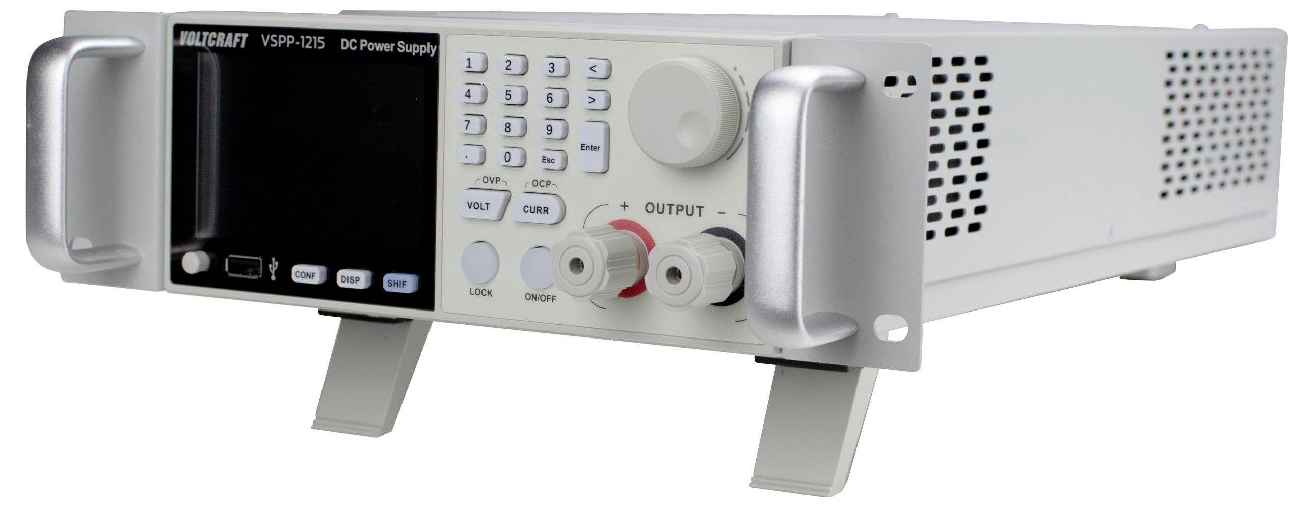 Elektronische voedingsapparaat met een digitaal display, bedieningsknoppen en metalen handgrepen op een standaard, gebruikt voor elektrische testen.