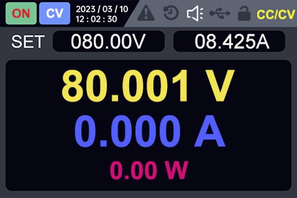 'Digitaal display toont spanning op 80,001 V, stroom op 0,000 A en vermogen op 0,00 W. Datum is 2023/03/10, tijd is 12:02:30.'