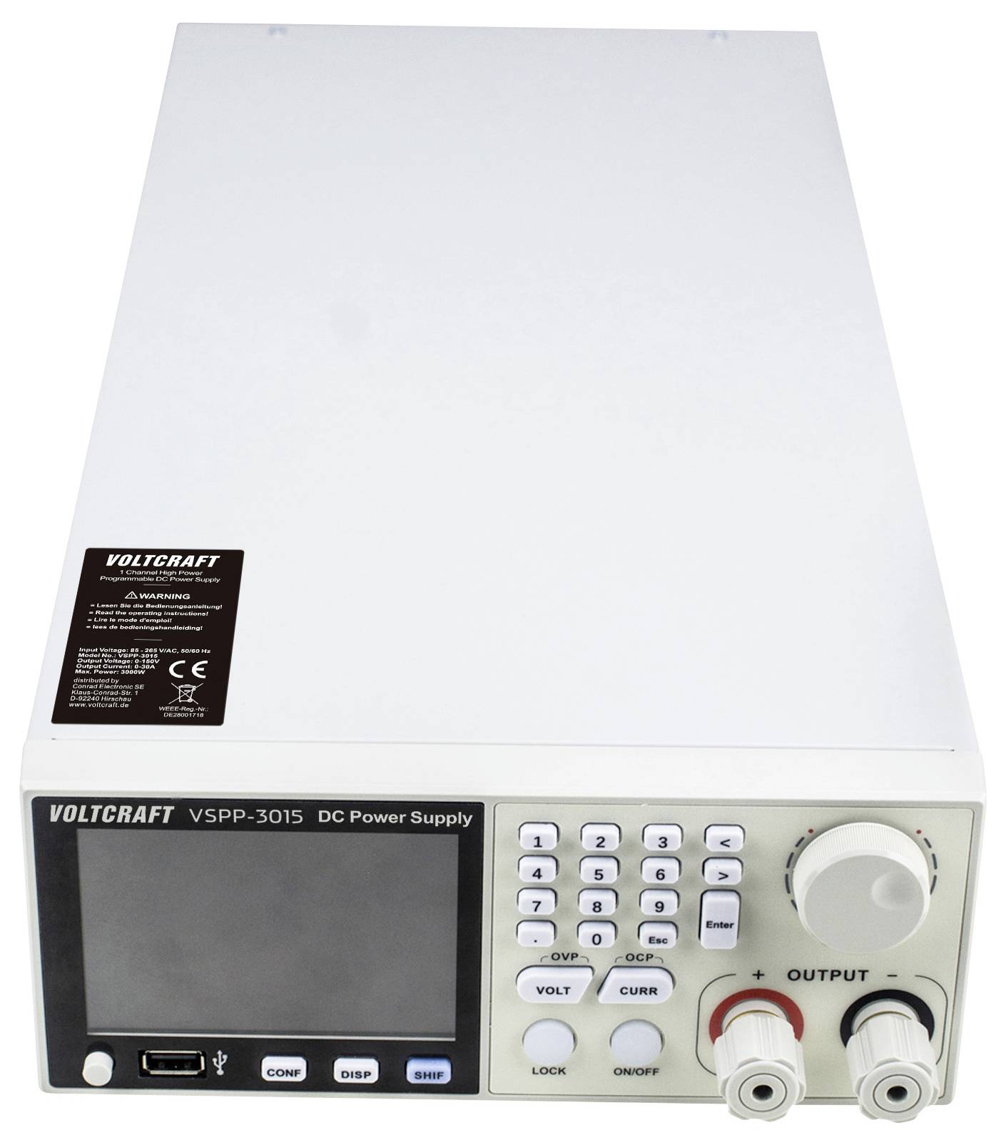 Voltcraft VSPP-3015 gelijkstroomvoeding met digitaal display, numeriek toetsenbord en bedieningsknoppen op het voorpaneel.