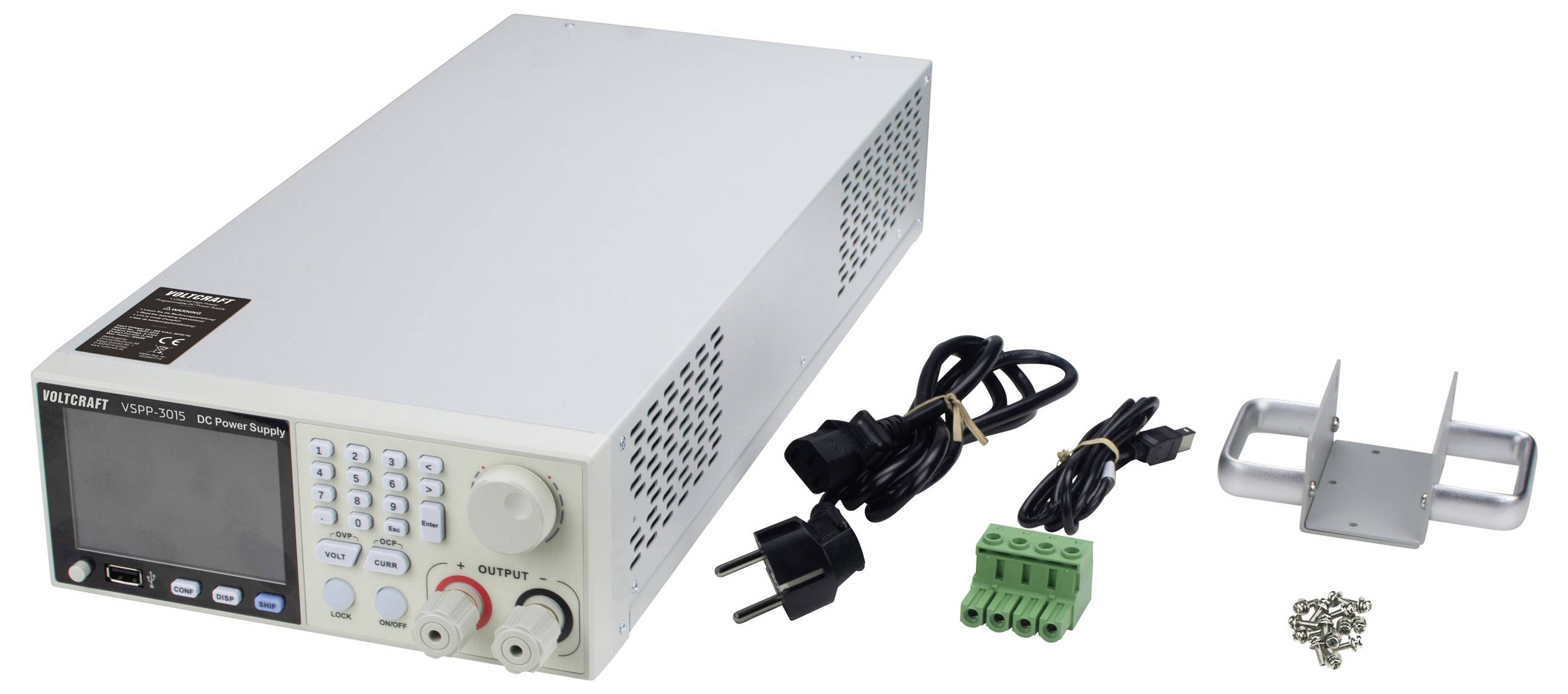 Een voedingsapparaat met kabels en aansluitingen. Het beschikt over een display en bedieningsknoppen. Accessoires omvatten bevestigingshardware.