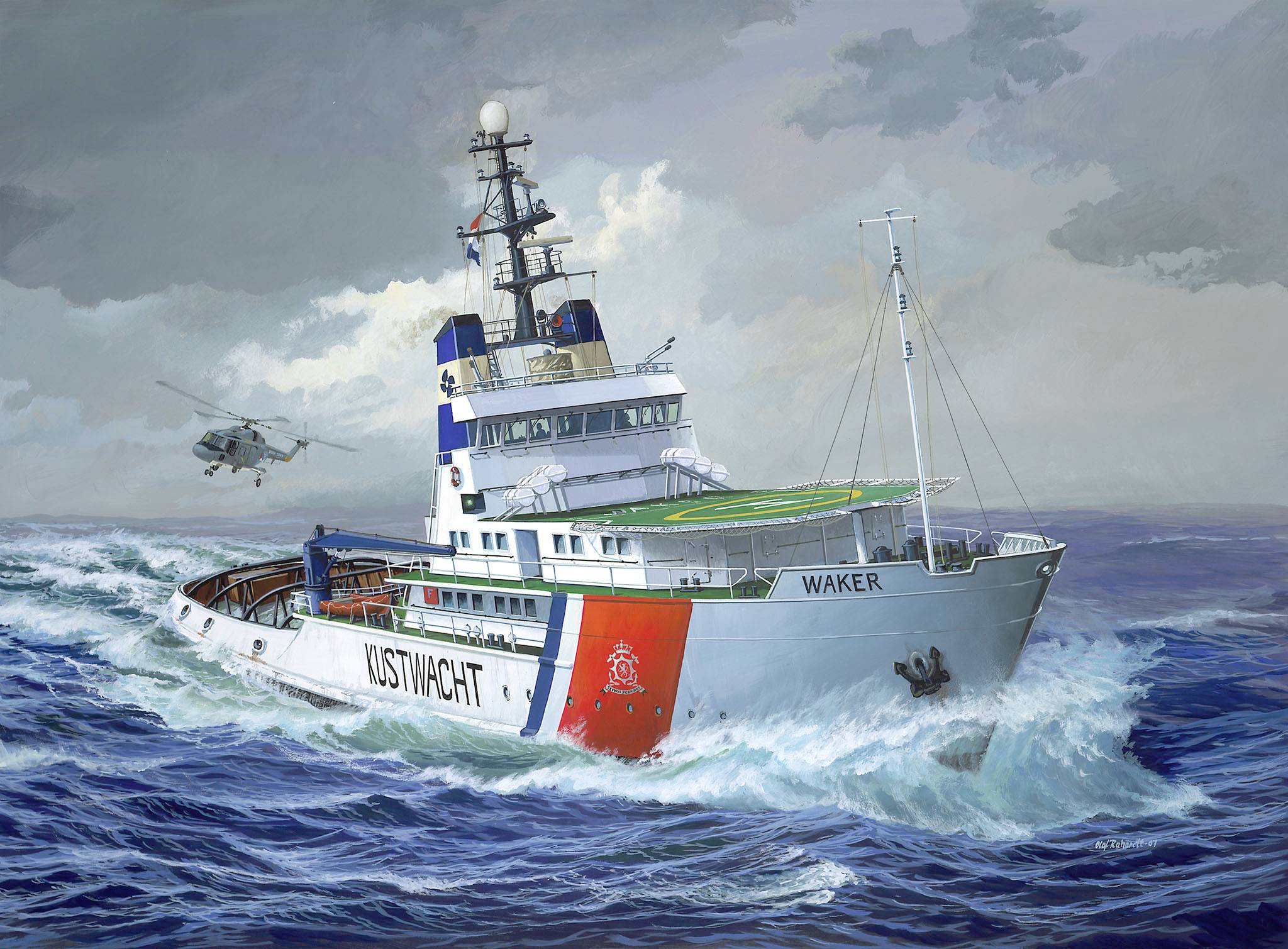 Een patrouilleschip met de tekst 'Kustwacht' vaart door ruwe zee. Een helikopter vliegt op de achtergrond.