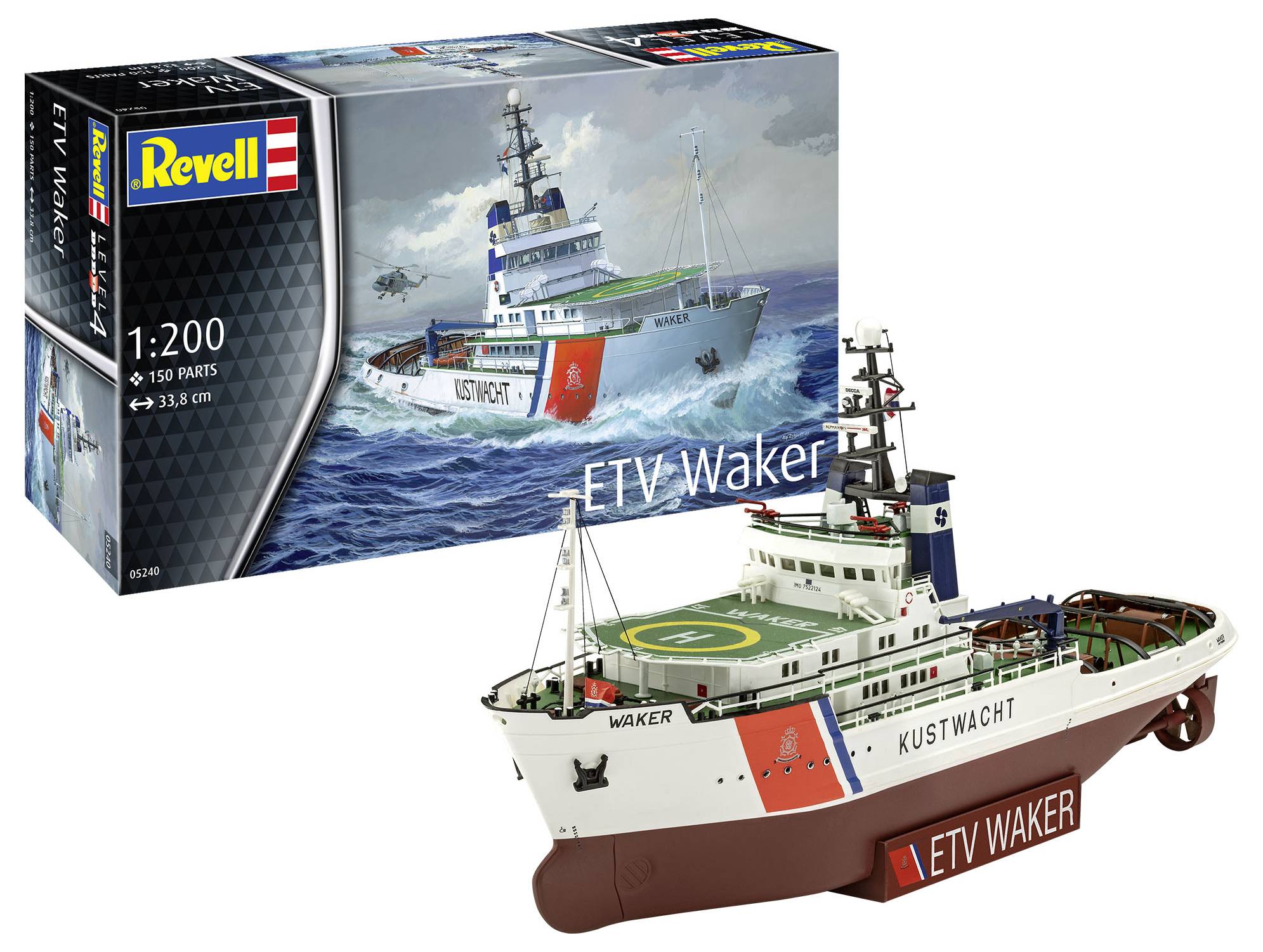 Een model van het kustwachtschip 'ETV Waker' wordt naast zijn verpakking getoond; schaal 1:200, bestaande uit 150 onderdelen.