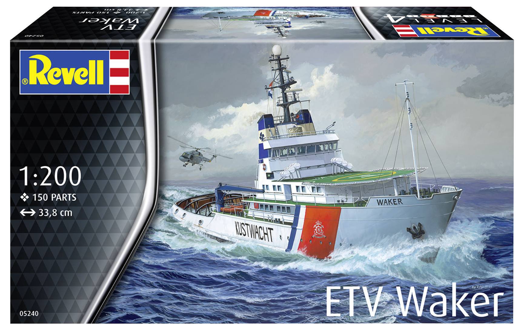 Verpakking van een modelbouwset: Kustwachtboot "ETV Waker" op onstuimige zee met helikopter, schaal 1:200.