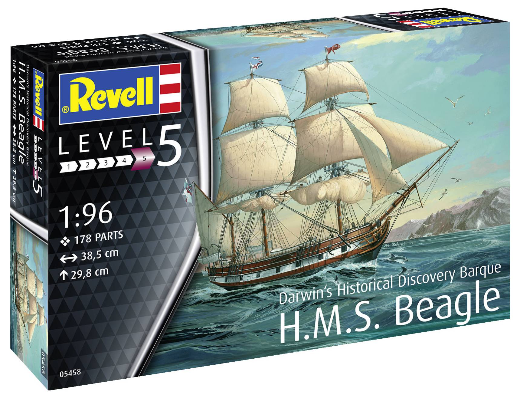 Bouwpakket: Modelbouw schip 'H.M.S. Beagle' van Revell, schaal 1:96, 178 onderdelen, Level 5, historische bark, lengte 38,5 cm.