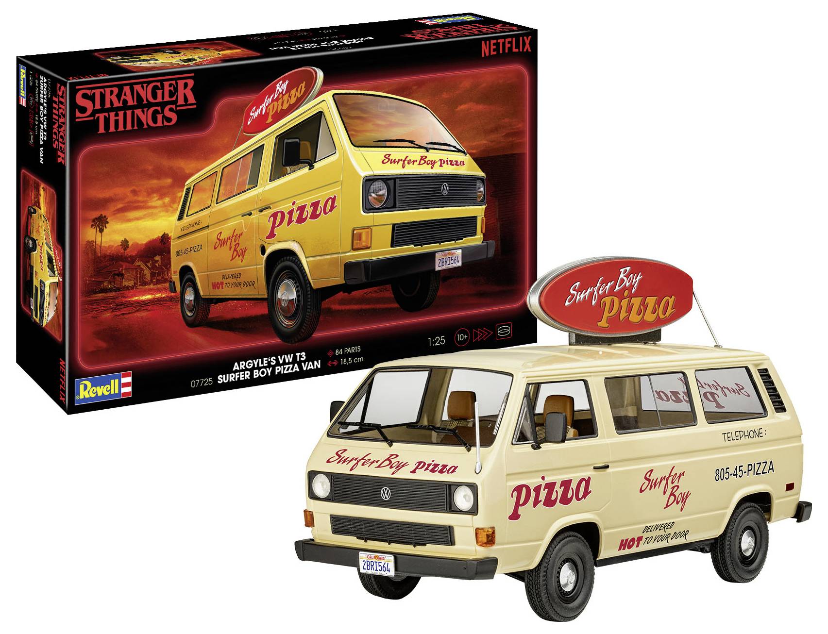 Een modelbouwdoos toont een VW-bus met de tekst 'Surfer Boy Pizza', het voertuig is beige en maakt deel uit van de serie 'Stranger Things'.
