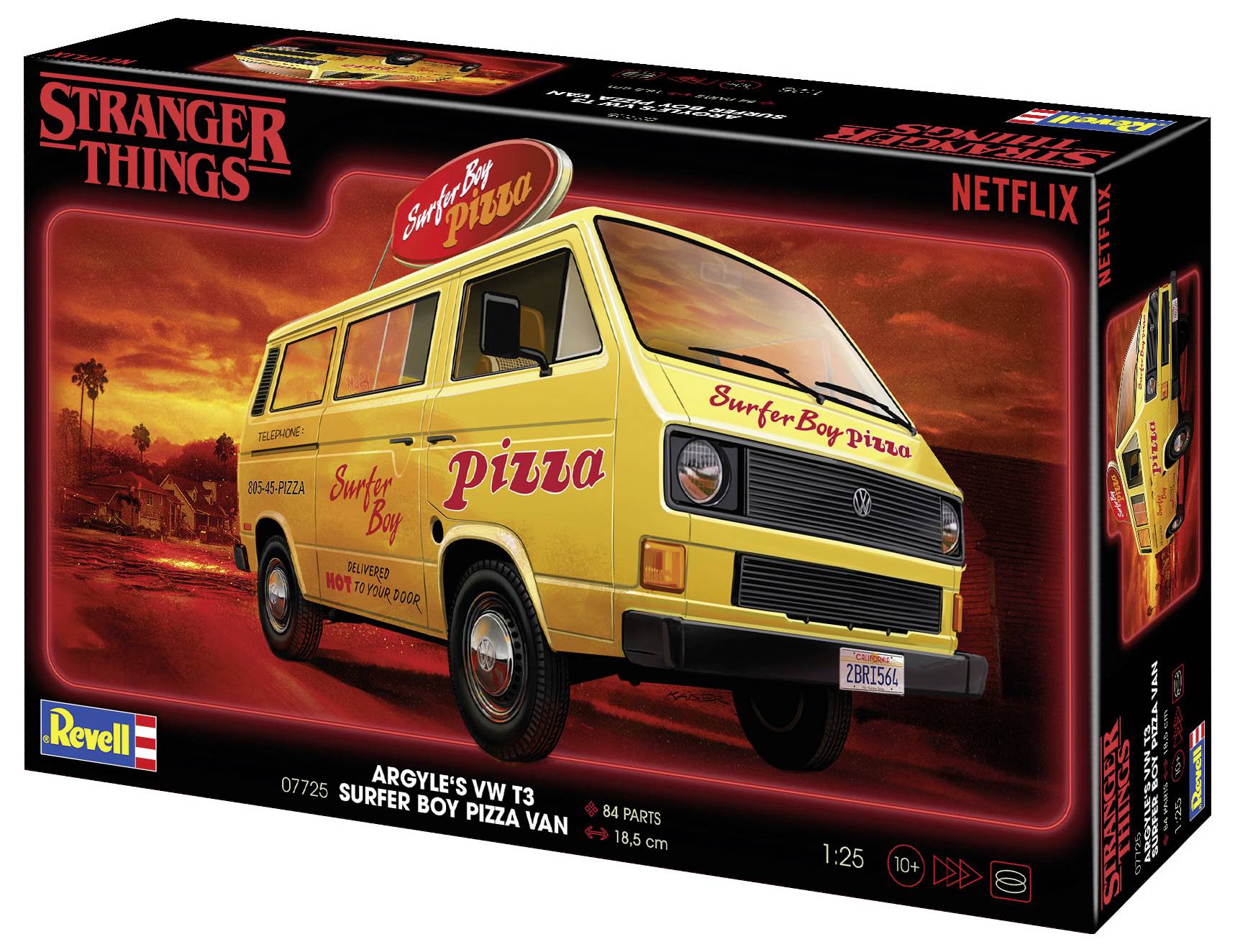 Doos met modelbouwset van een gele Surfer Boy Pizza bestelwagen. Gebaseerd op de serie 'Stranger Things'. Bevat 84 onderdelen.