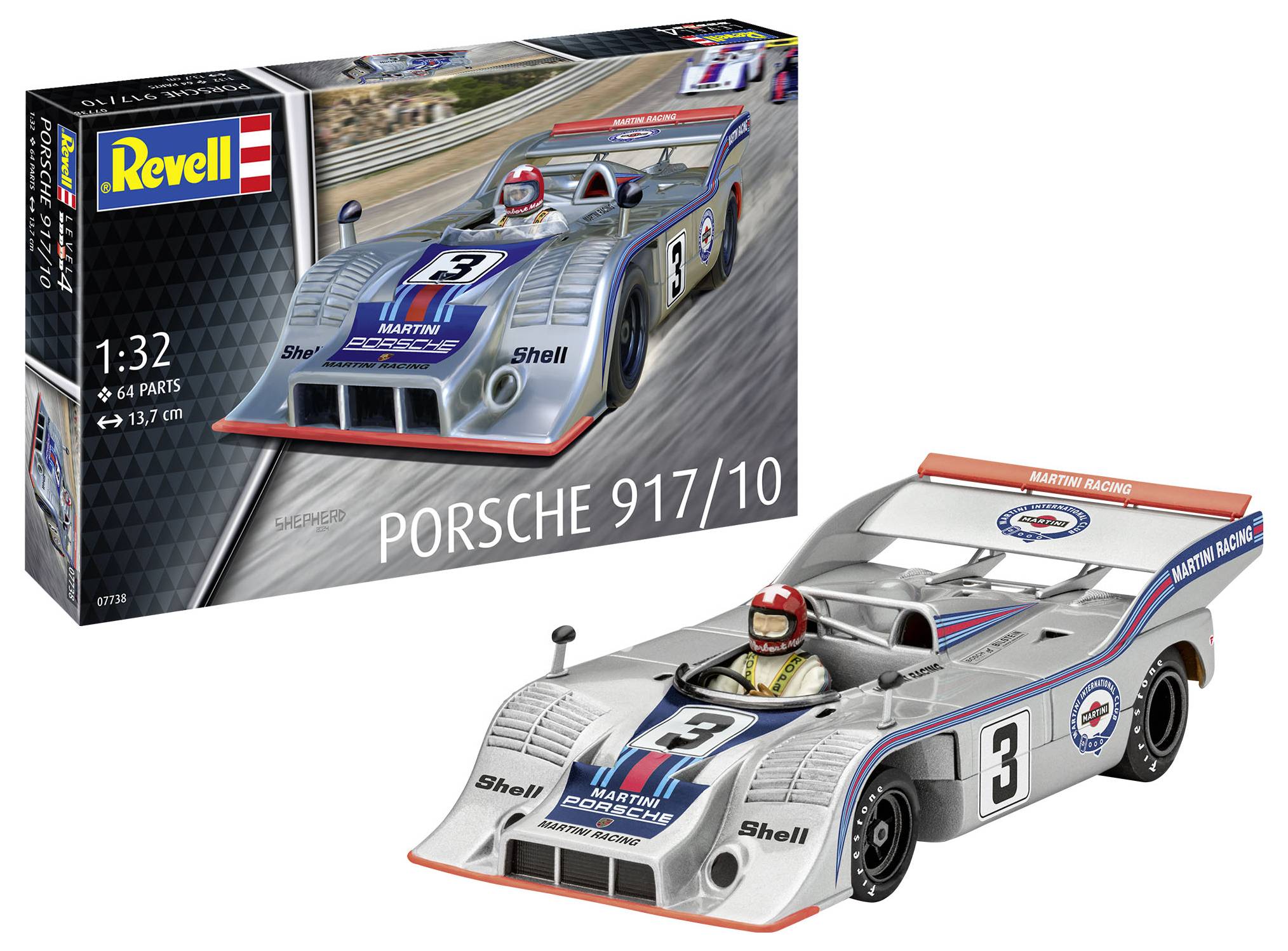 Revell modelbouwset van de Porsche 917/10 op schaal 1:32, toont raceauto-ontwerp met bestuurder en verpakking op de achtergrond.