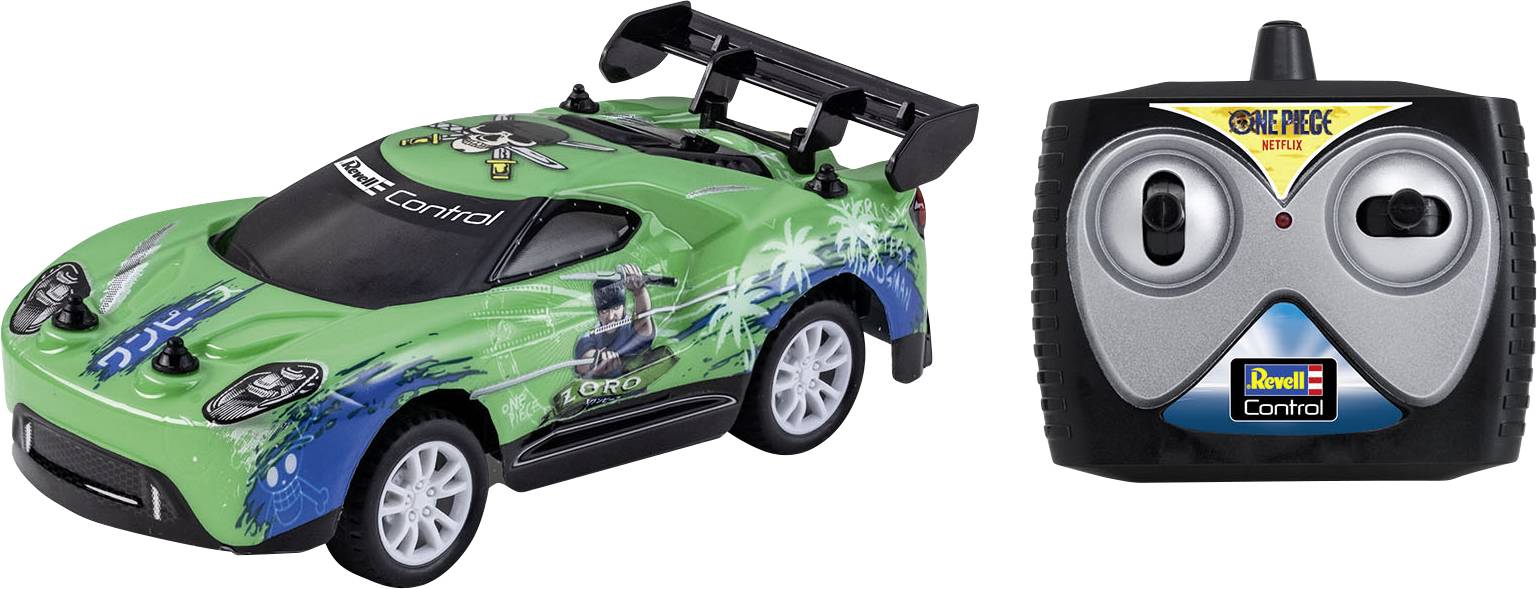 Groen afstandsbestuurbaar speelgoedauto met opvallende graphics en bijpassende afstandsbediening; wielen in het wit, met een spoiler aan de achterkant.
