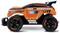 Een oranje speelgoedauto met de tekst 'Gear Monster' aan de zijkant. Het heeft grote banden en een sportief design.