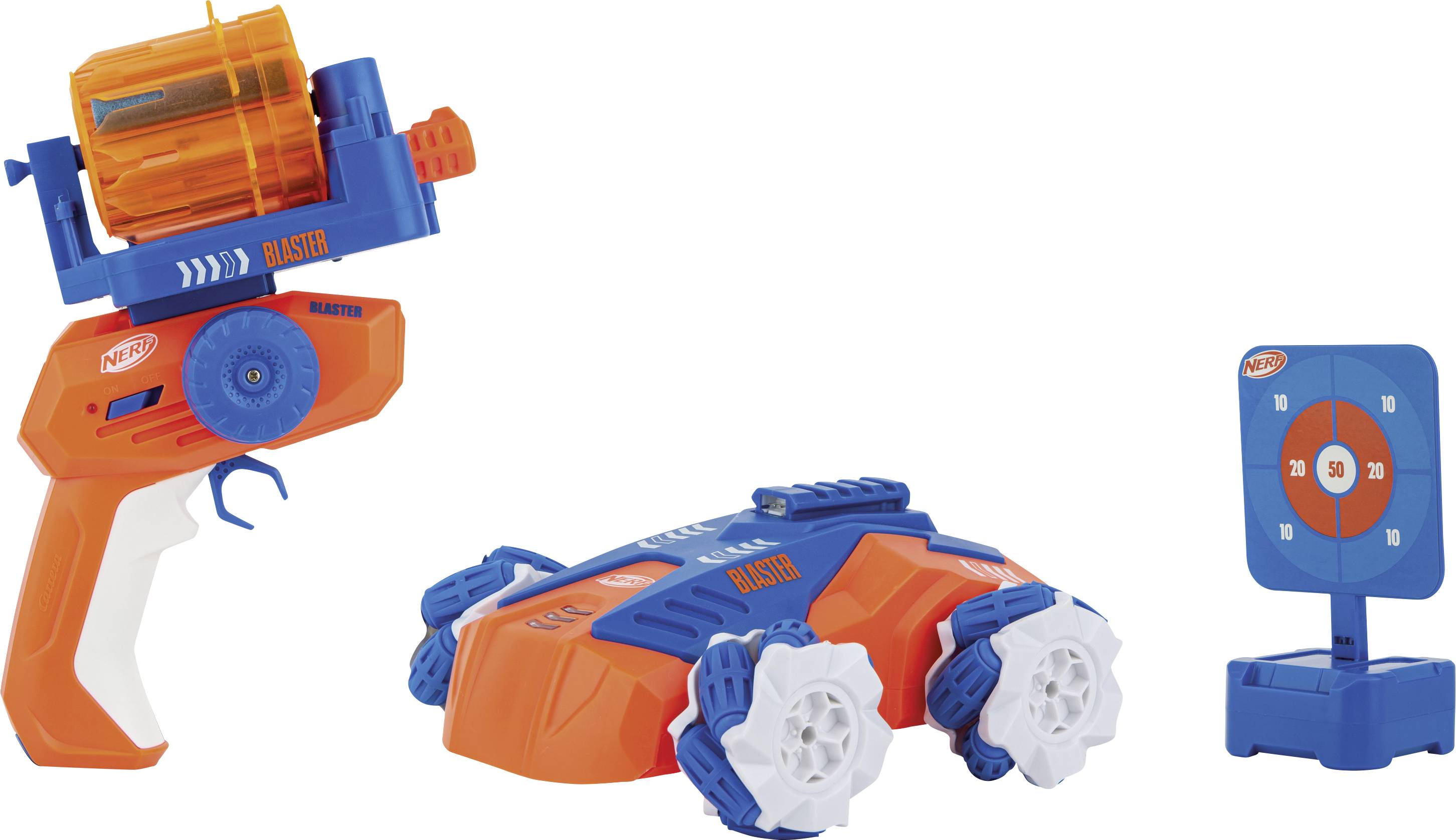 Speelgoed-blasterset met oranje-blauwe blaster, een oranje-blauw voertuig met witte wielen en een doelschijf met cijfers.