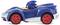 Speelgoedauto in blauwe en witte kleuren, met rode band en een speelfiguur met blauwe stekels achter het stuur, gelijkend op een tekenfilmfiguur.