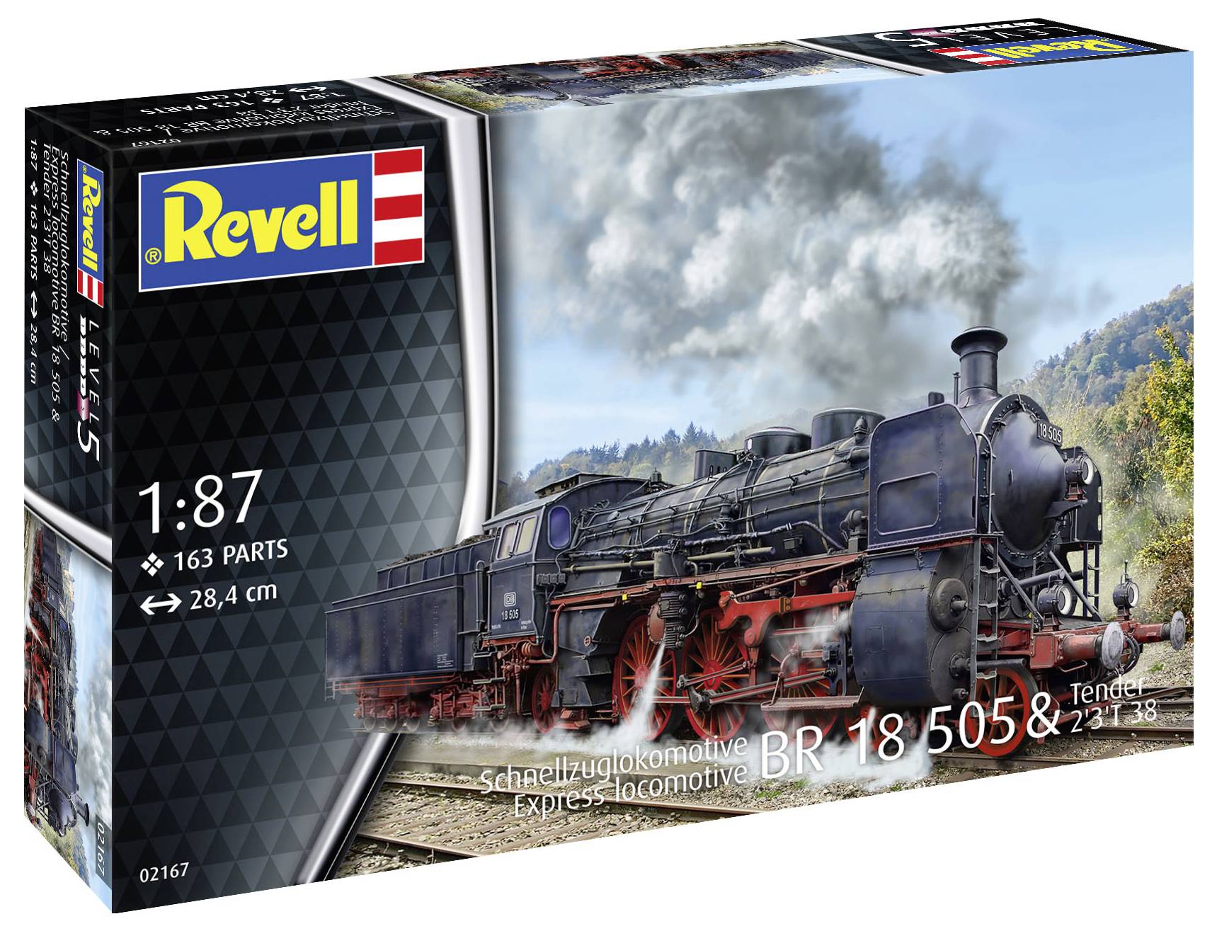 Translation of packaging description for Revell steam locomotive model kit BR 18 505 & Tender. Scale 1:87, 163 parts, length 28.4 cm.