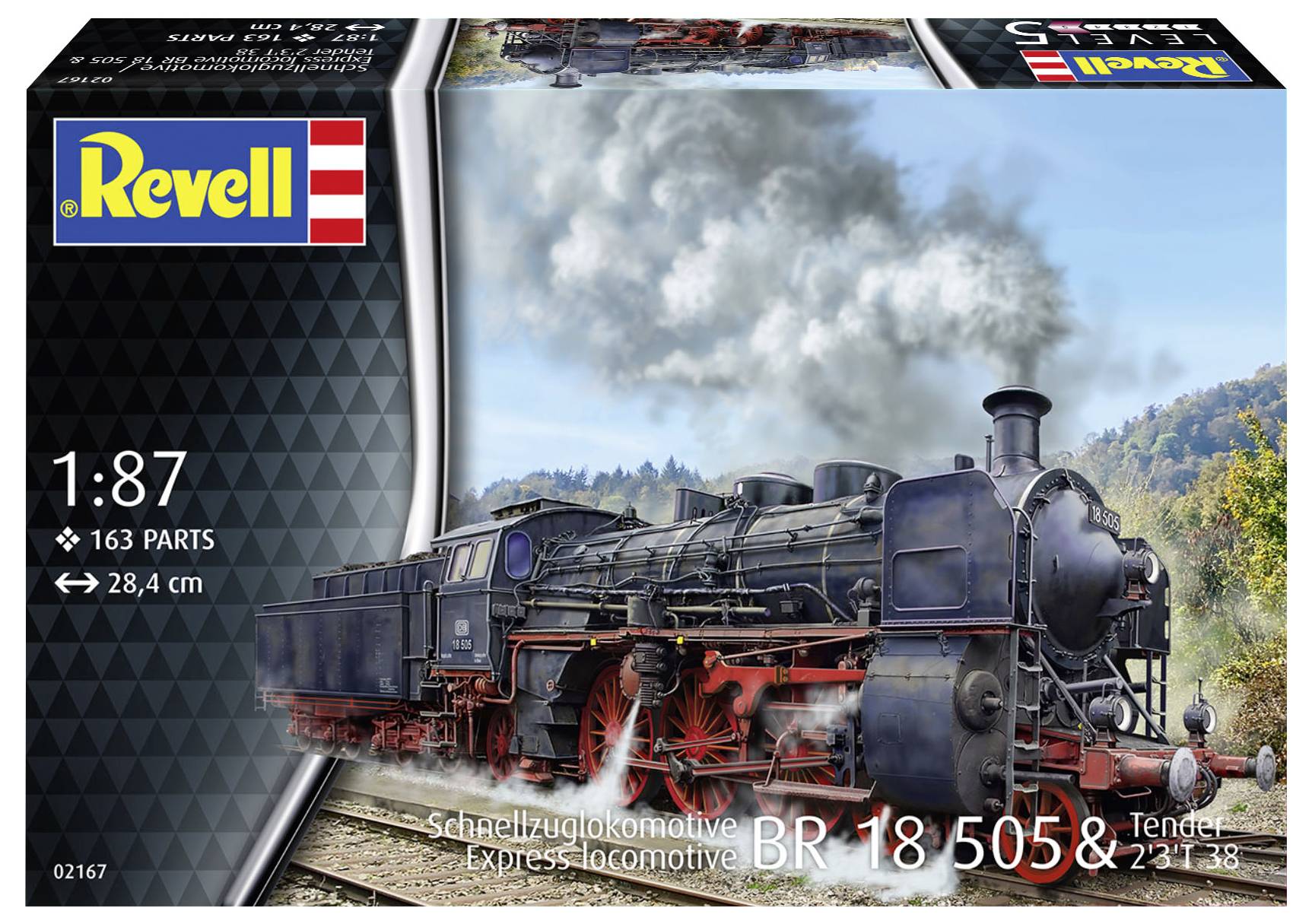 De verpakking toont een modelspoorbaan met een historisch design, schoorsteen en op de doos 'Sneltreinlocomotief BR 18 505 & Tender'.