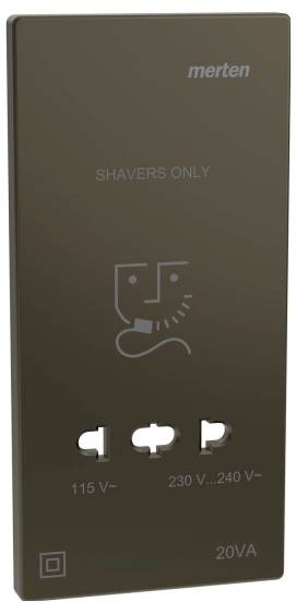 Bruine scheerapparaat-stekker met opschrift 'Shavers Only', twee stopcontacten voor 115 V en 230 V, geschikt voor elektrische scheerapparaten.