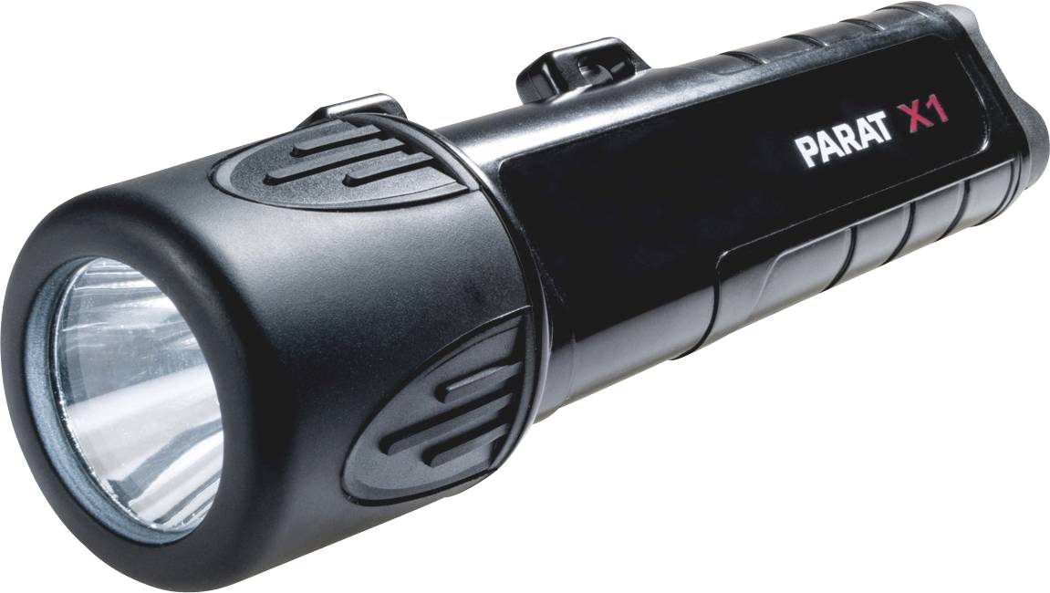 Zwarte zaklamp met 'PARAT X1' opschrift, toont vooraanzicht van de lens en zijdelingse aan-/uitschakelaar.