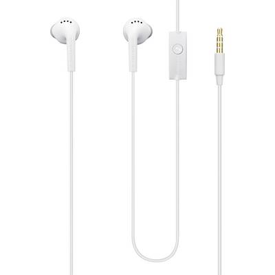 Witte oordopjes met een ingebouwde microfoon en bedieningsknop, verbonden door dunne draden met een 3,5mm audiostekker.
