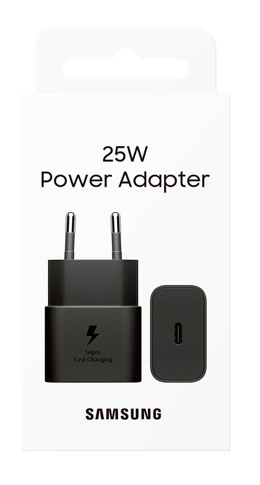 '25W Voedingsadapter' met 'Super Snel Opladen' tekst en Samsung-logo. Zwarte adapter met Europese stekker en verwijderbare USB-C poort zichtbaar.