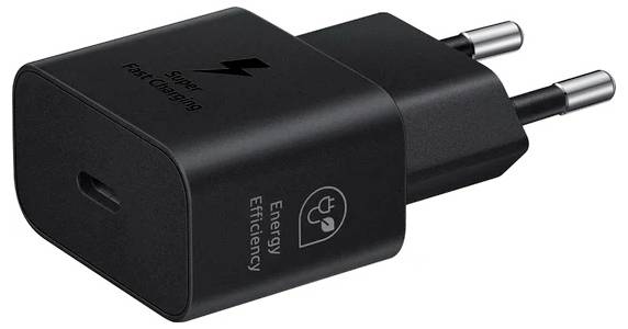 Een zwarte USB-wandlader met twee pinnen, voorzien van energiezuinigheids- en supersnelle oplaadpictogrammen op zijn oppervlak.