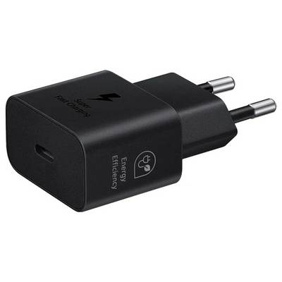 Een zwarte USB-wandlader met twee pinnen, voorzien van energiezuinigheids- en supersnelle oplaadpictogrammen op zijn oppervlak.