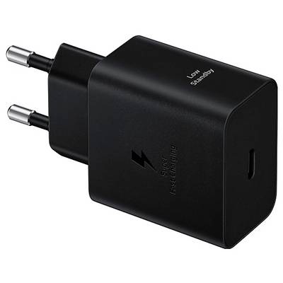 Een zwarte voedingsadapter met het label 'Super Snel Opladen' en 'Laag Standby-verbruik', voorzien van twee ronde metalen stekkers, geschikt voor Europese stopcontacten.
