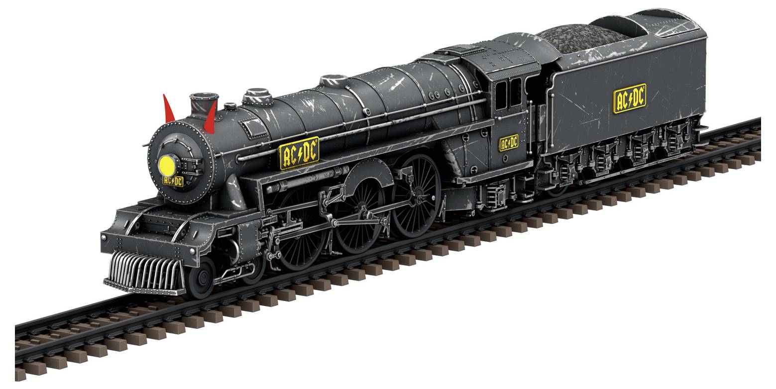 Een zwart model van een stoomlocomotief staat op de rails. De trein is gemarkeerd met de letters 'RC-D1C'.