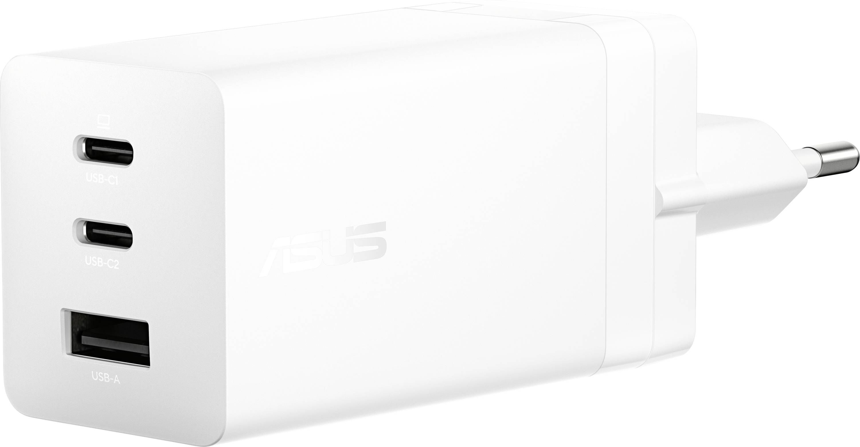 Een witte oplader met twee USB-C-poorten gemarkeerd als '100W' en '65W', en één USB-A-poort.