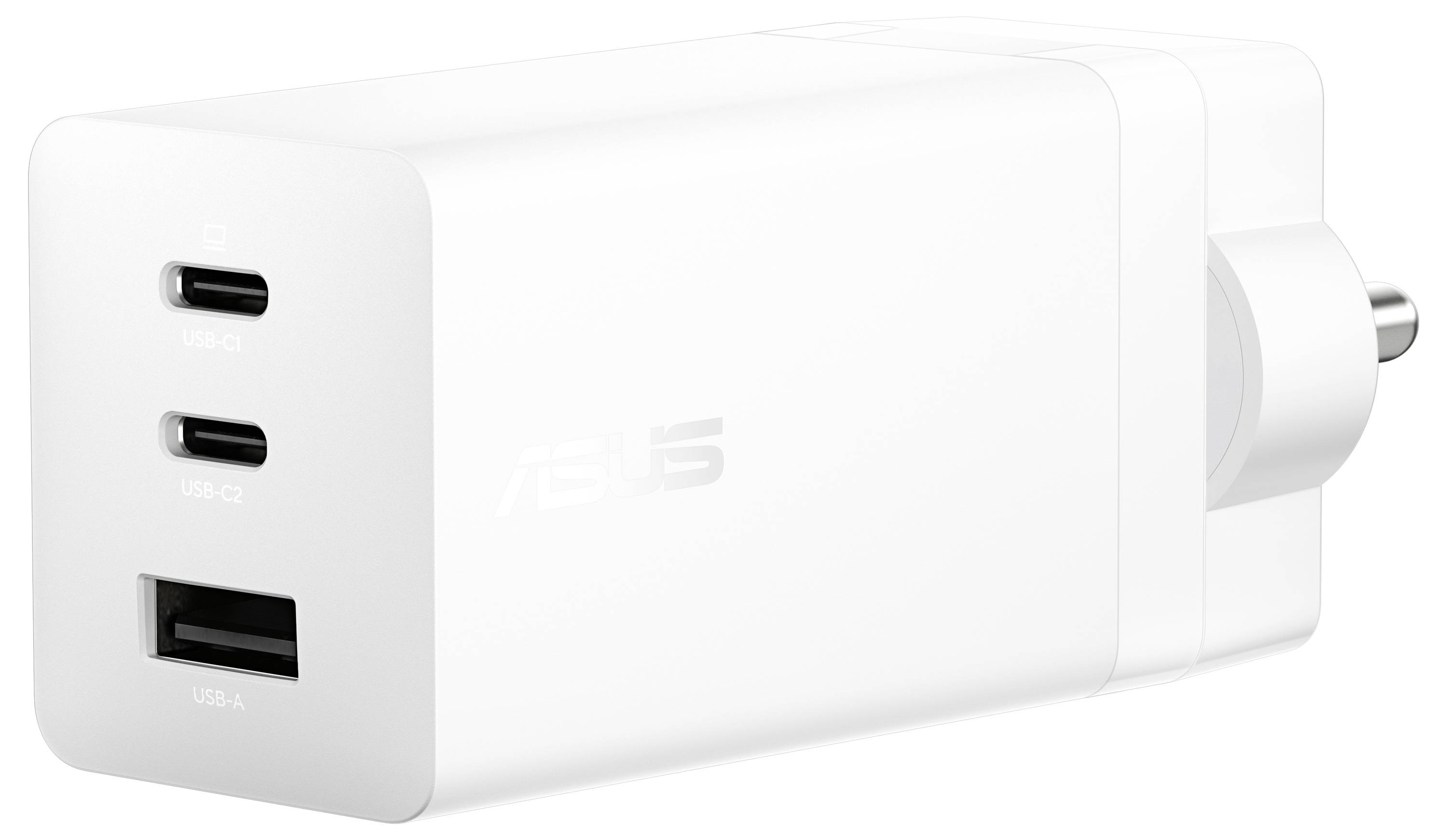 Een witte wandoplader met twee USB-C-poorten en één USB-A-poort, ontworpen voor snel opladen.