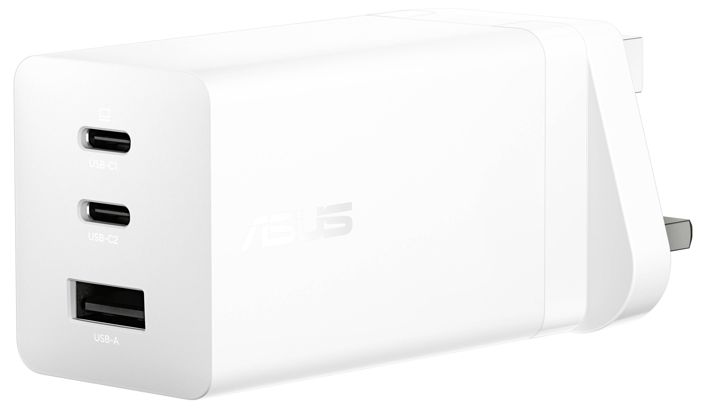 Een witte laadadapter met twee USB-C-poorten en één USB-A-poort, voorzien van een stekker aan de zijkant, ontworpen voor elektronische apparaten.