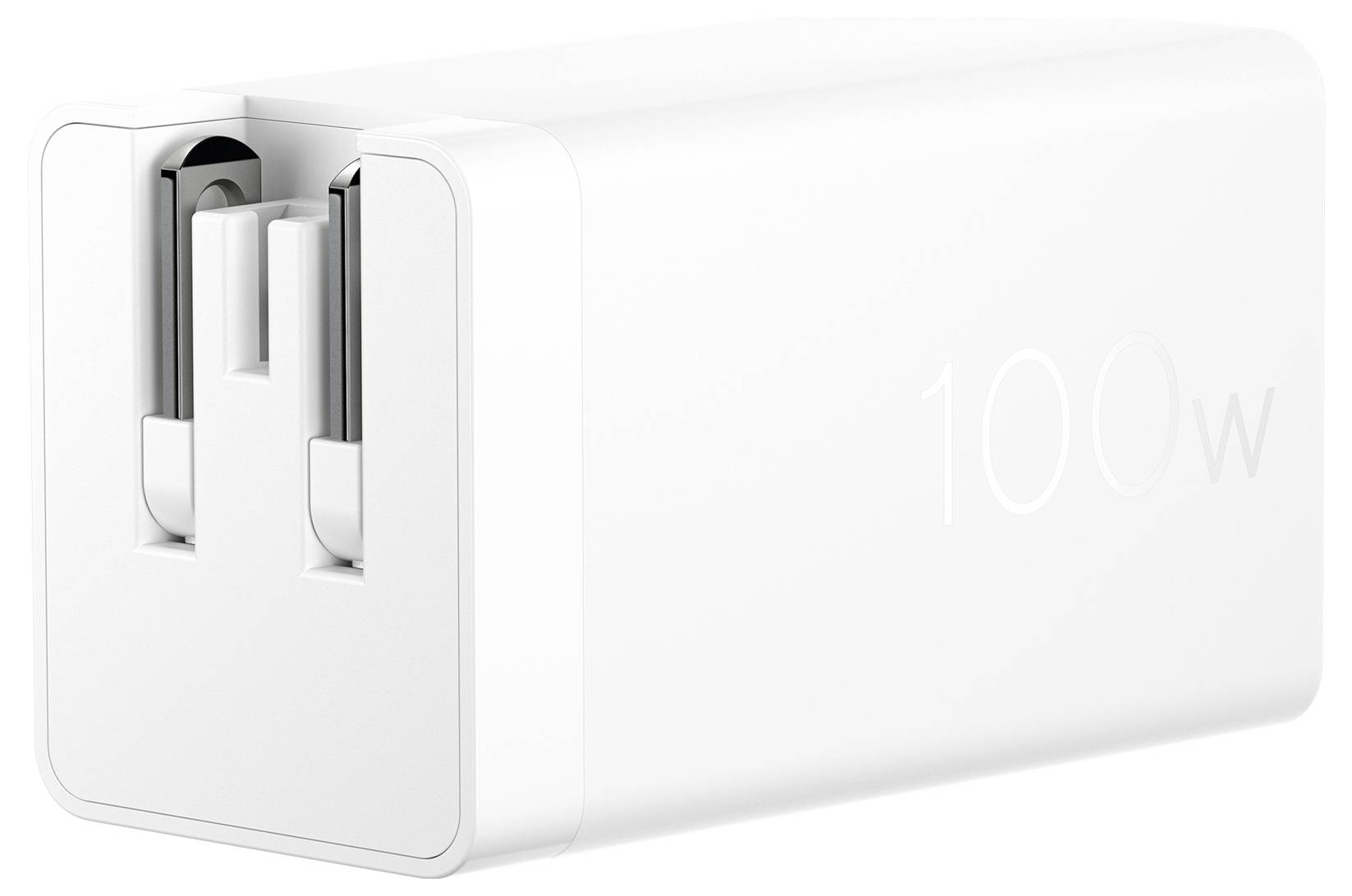 Een witte 100W-voedingsadapter met opvouwbare stekkerpennen, ontworpen voor het opladen van elektronische apparaten.