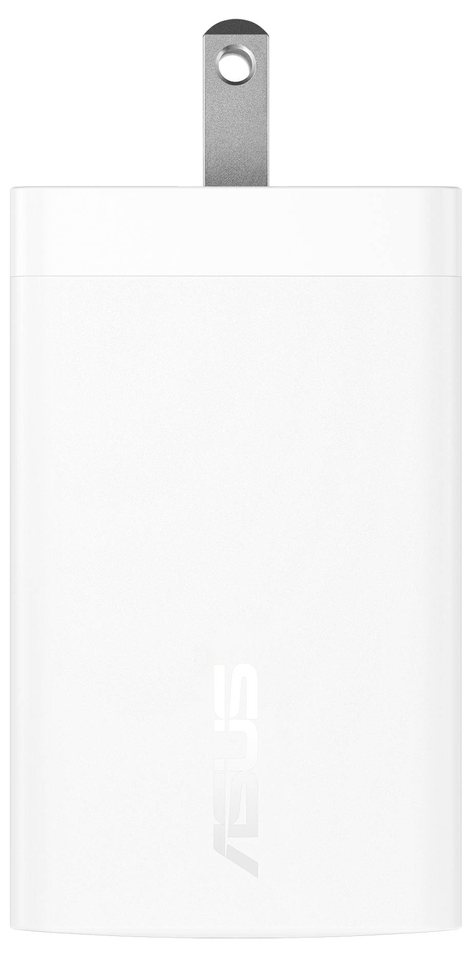Een witte ASUS-wandoplader met één pin zichtbaar, ontworpen voor elektronische apparaten.