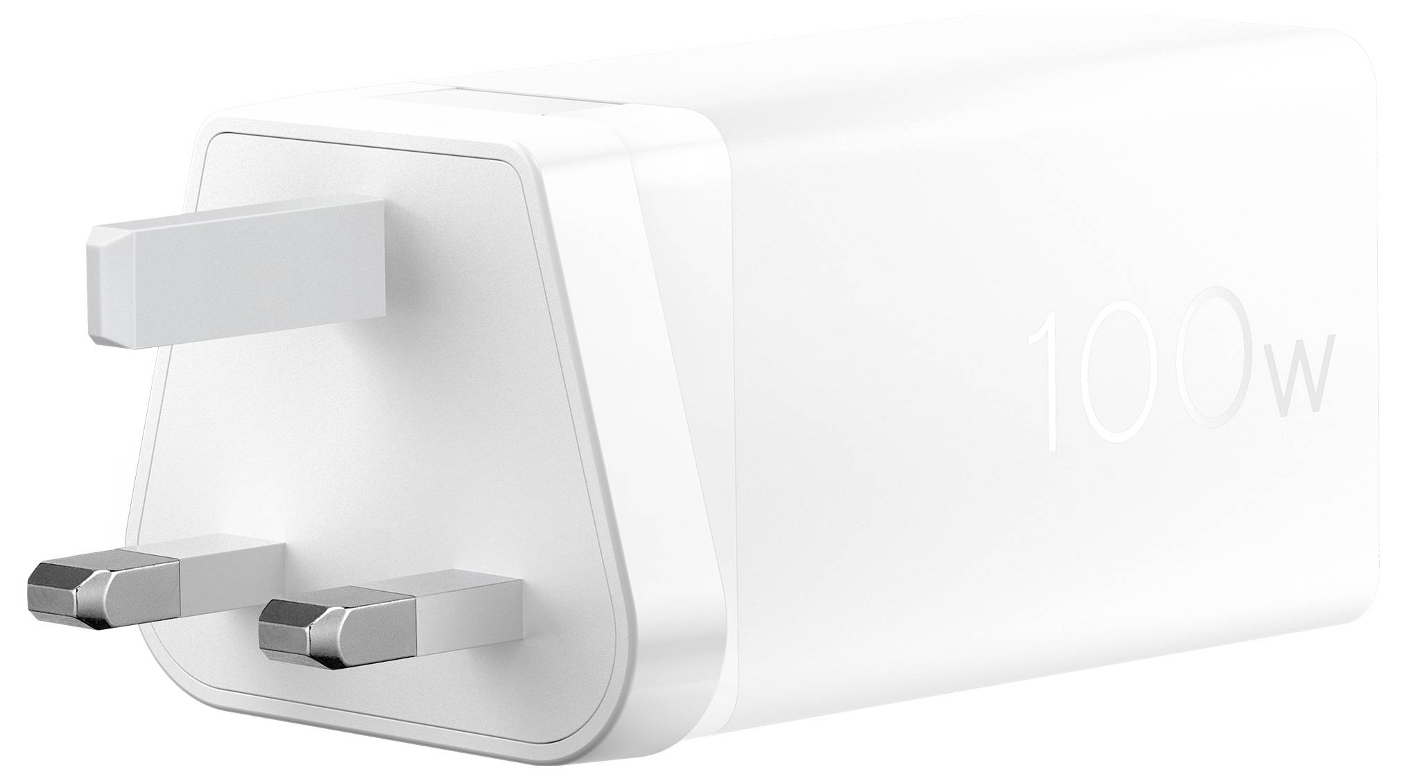 Een witte 100W-voedingsadapter met drie rechthoekige pinnen, ontworpen voor UK-stekkers.