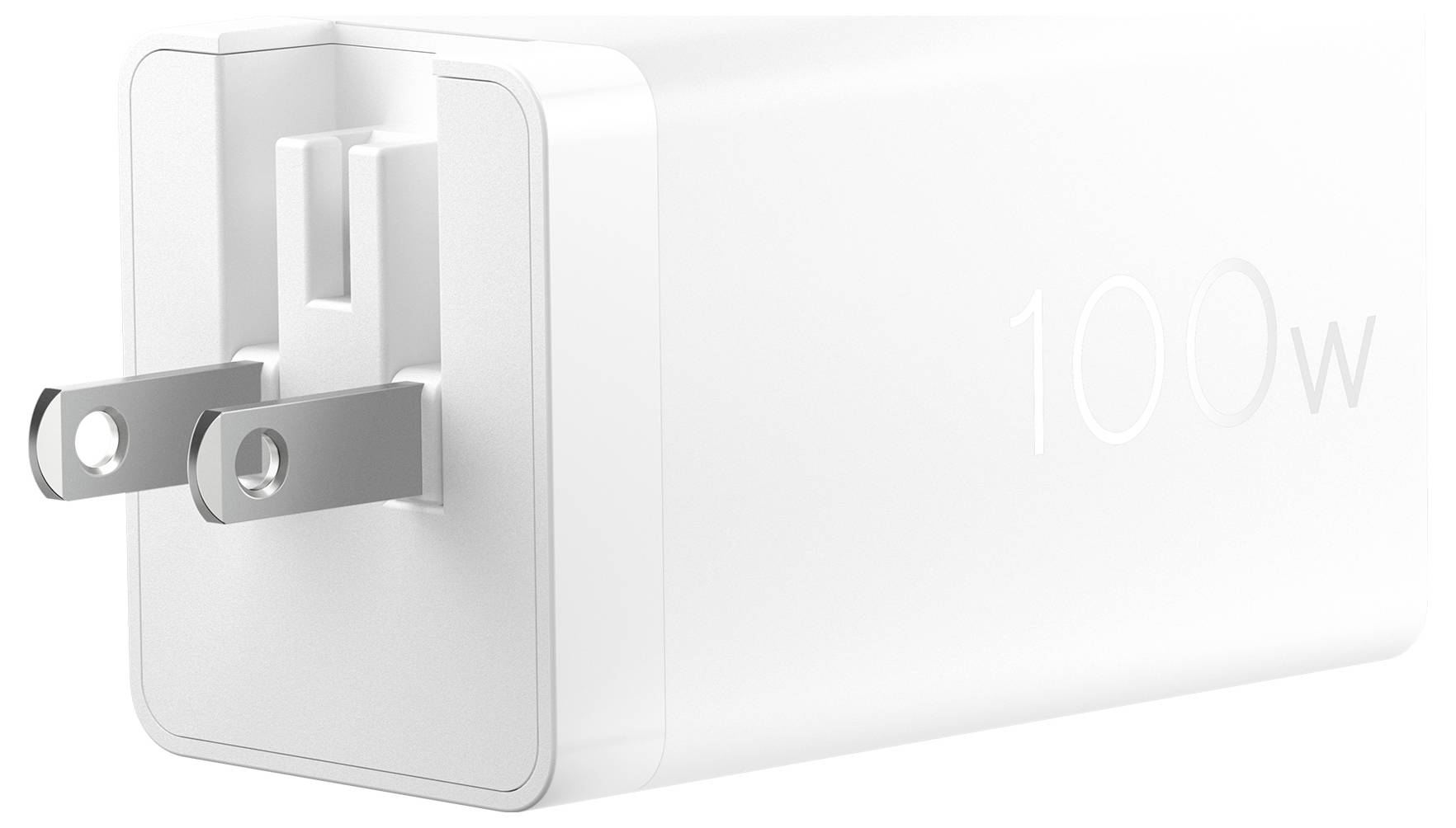 Een witte 100W USB-C-voedingsadapter met opvouwbare stekkerpennen gezien vanuit zijaanzicht.