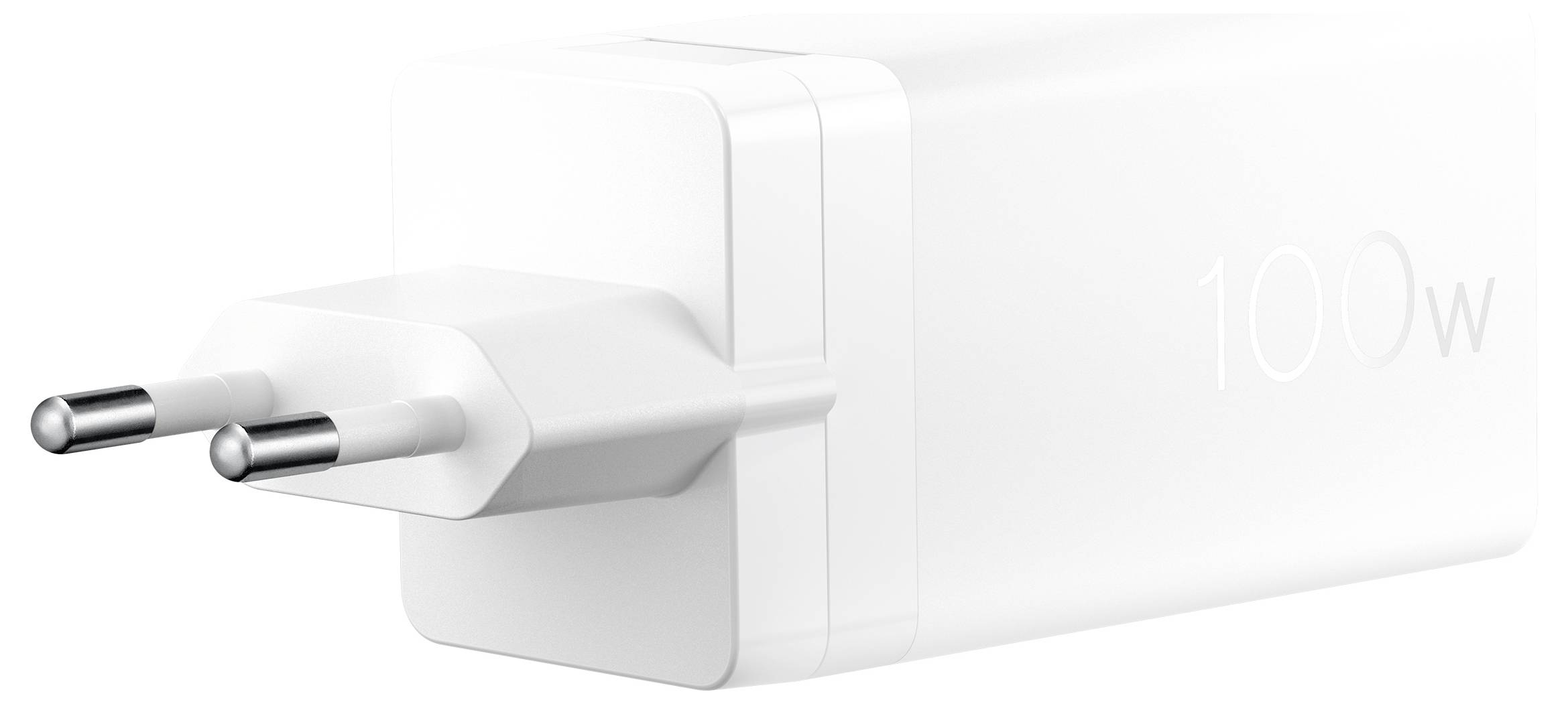 Een witte 100W-voedingsadapter met twee ronde stekkers voor EU-stopcontacten, ontworpen voor het opladen van elektronische apparaten.